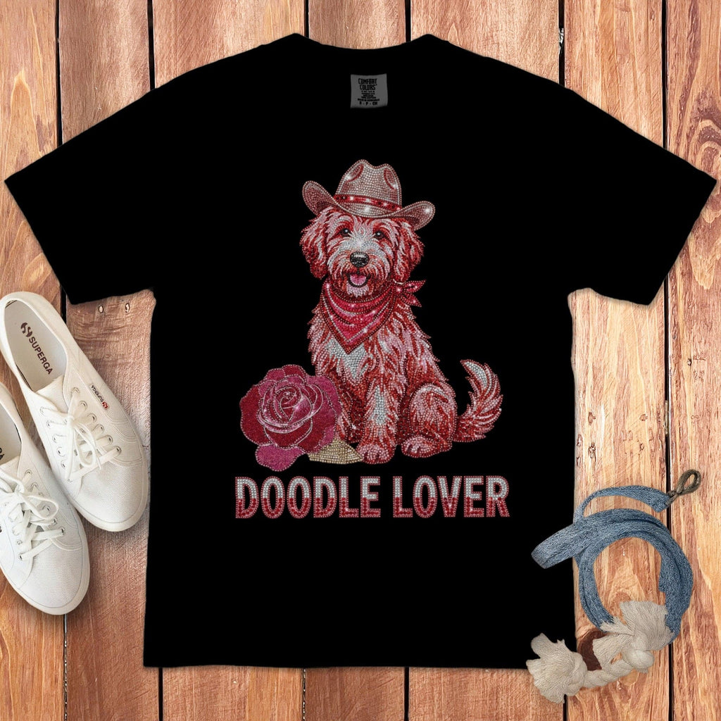 Faux Rhinestone Rose Doodle Signature T-Shirt in Black / S by Puppy Jo