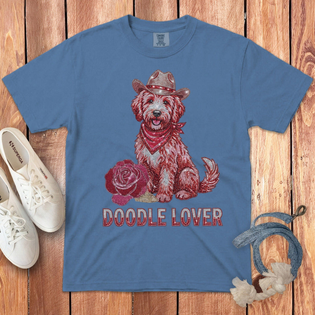 Faux Rhinestone Rose Doodle Signature T-Shirt in Blue Jean / S by Puppy Jo