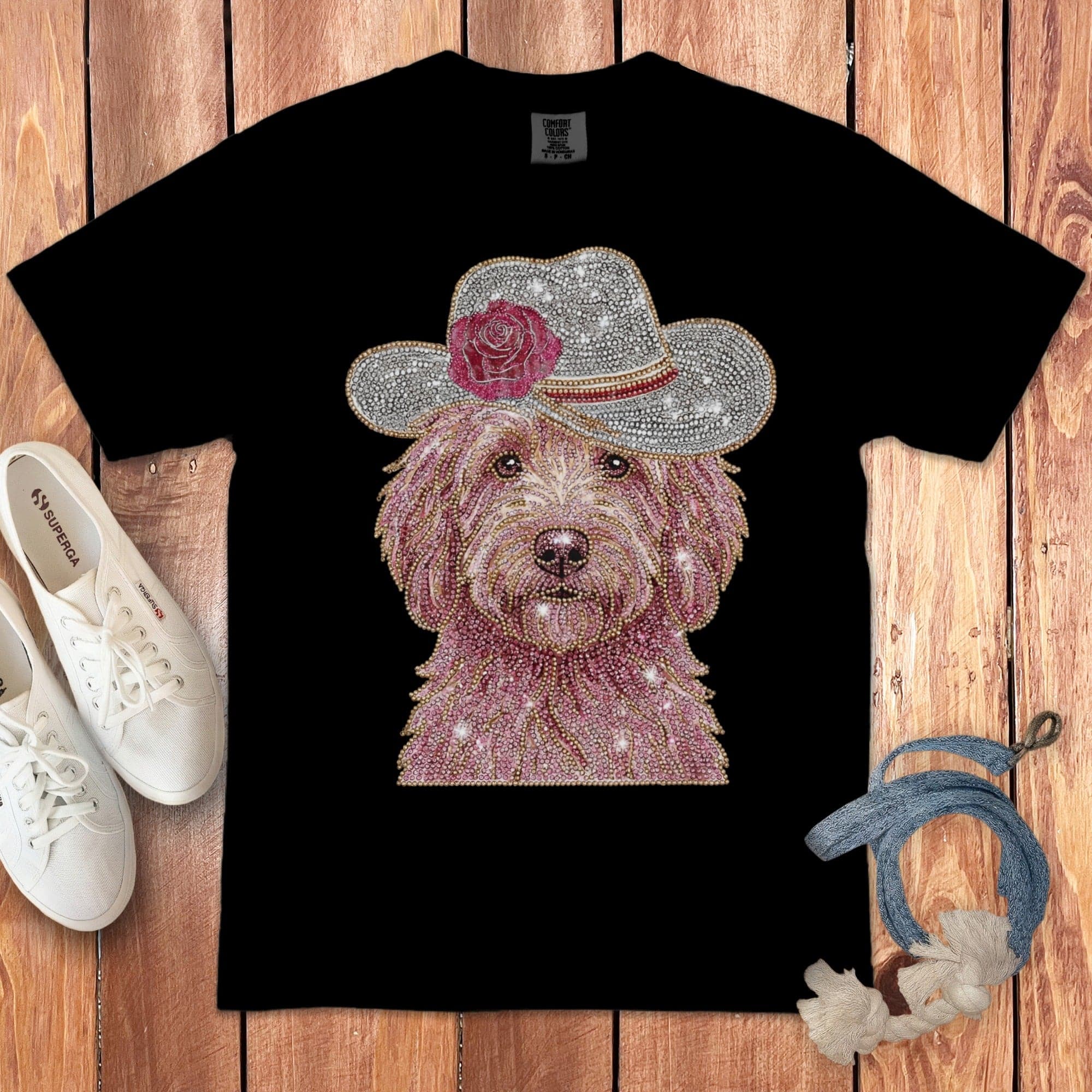 Faux Rhinestone Western Doodle Signature T-Shirt in Black / S by Puppy Jo