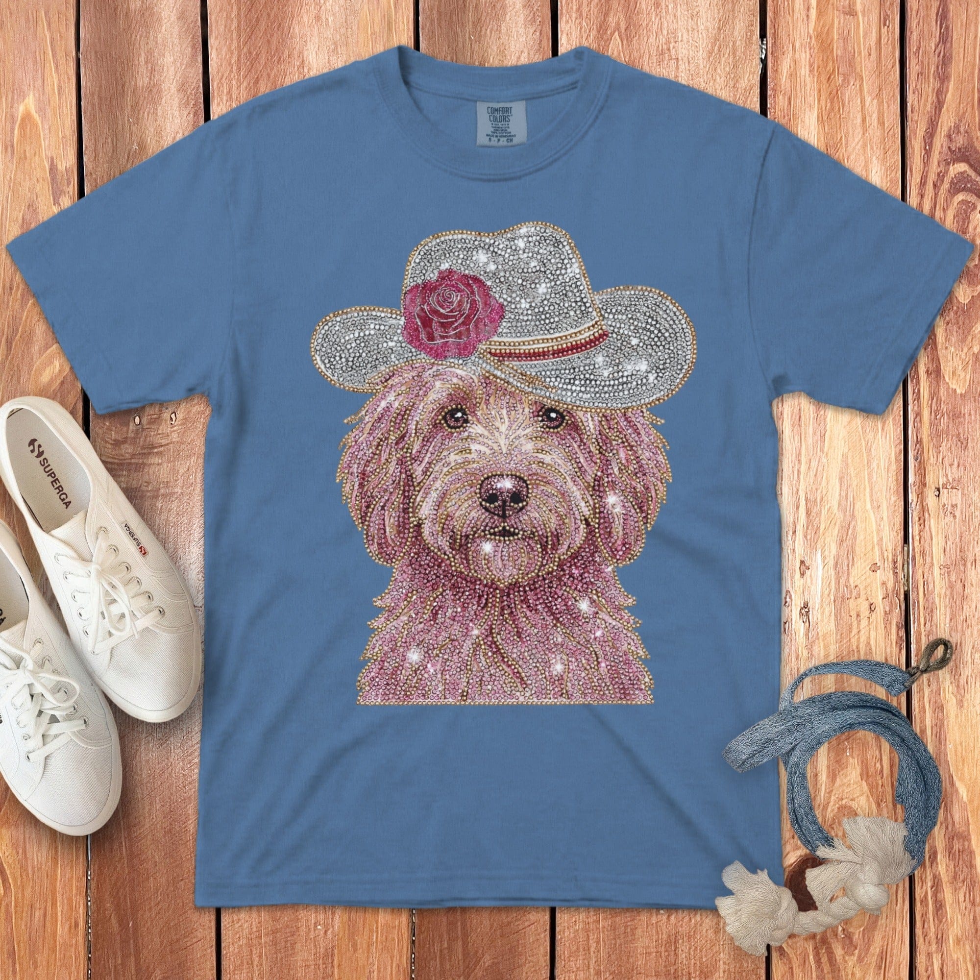 Faux Rhinestone Western Doodle Signature T-Shirt in Blue Jean / S by Puppy Jo