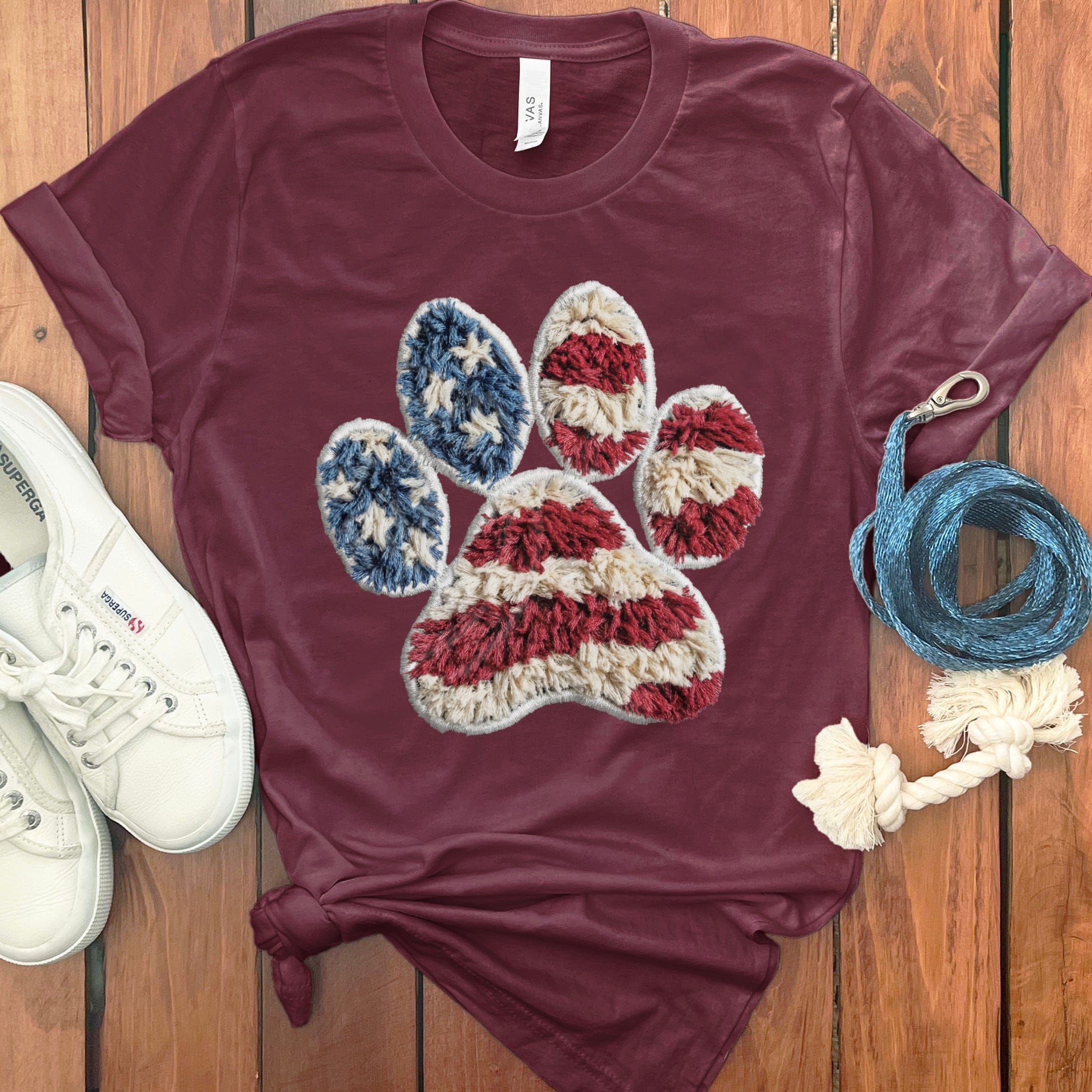 Faux Yarn  Patriotic Paw T-Shirt in Maroon / M / T-Shirts by Puppy Jo