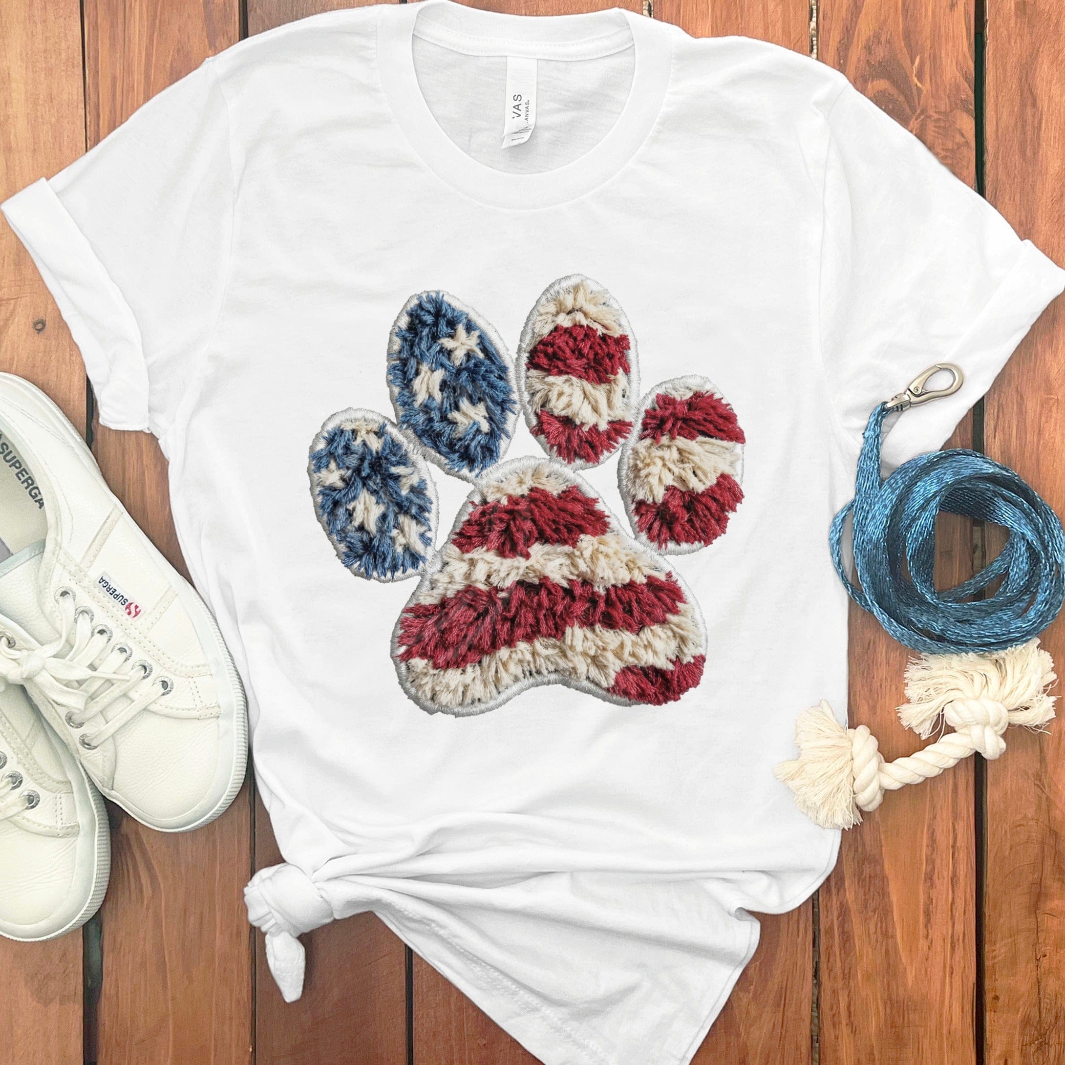 Faux Yarn  Patriotic Paw T-Shirt in White / M / T-Shirts #1 by Puppy Jo