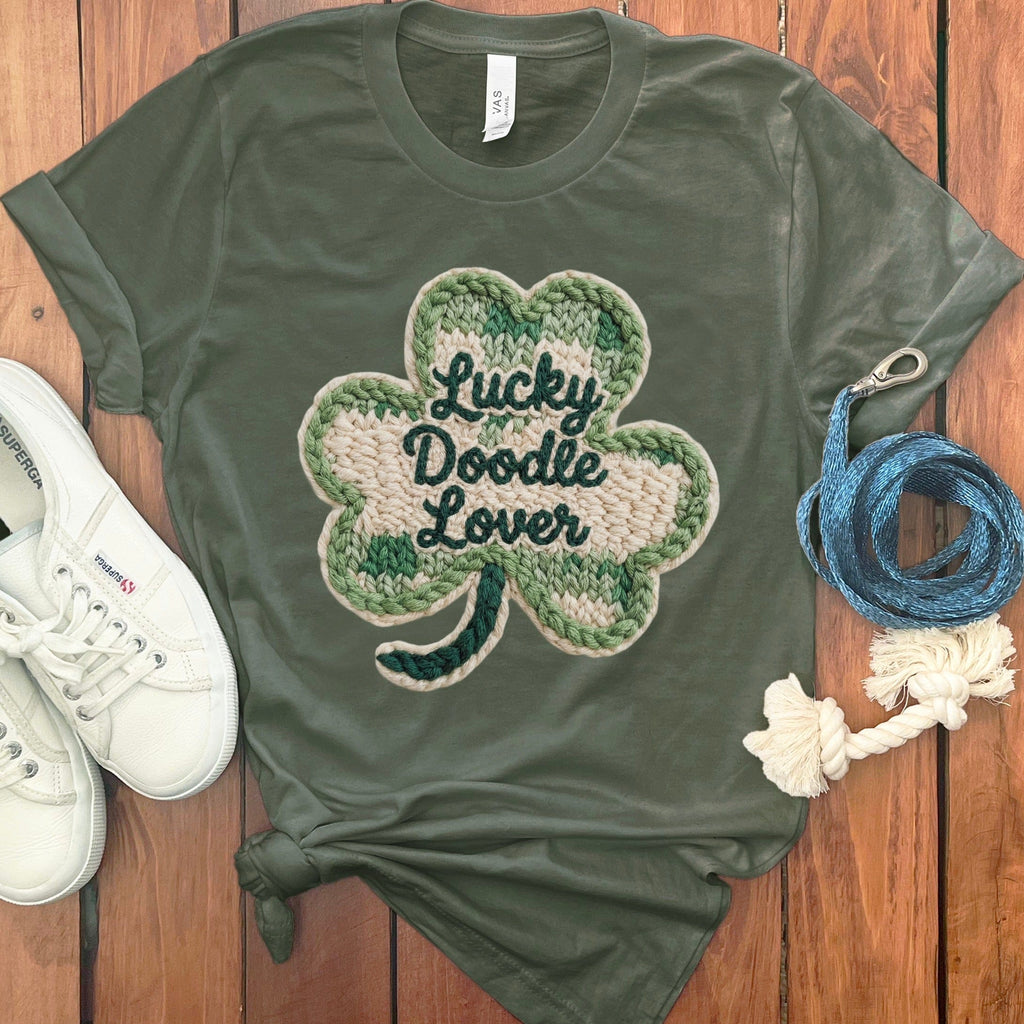 Faux Yarn Shamrock Doodle T-Shirt in Military Green / S by Puppy Jo