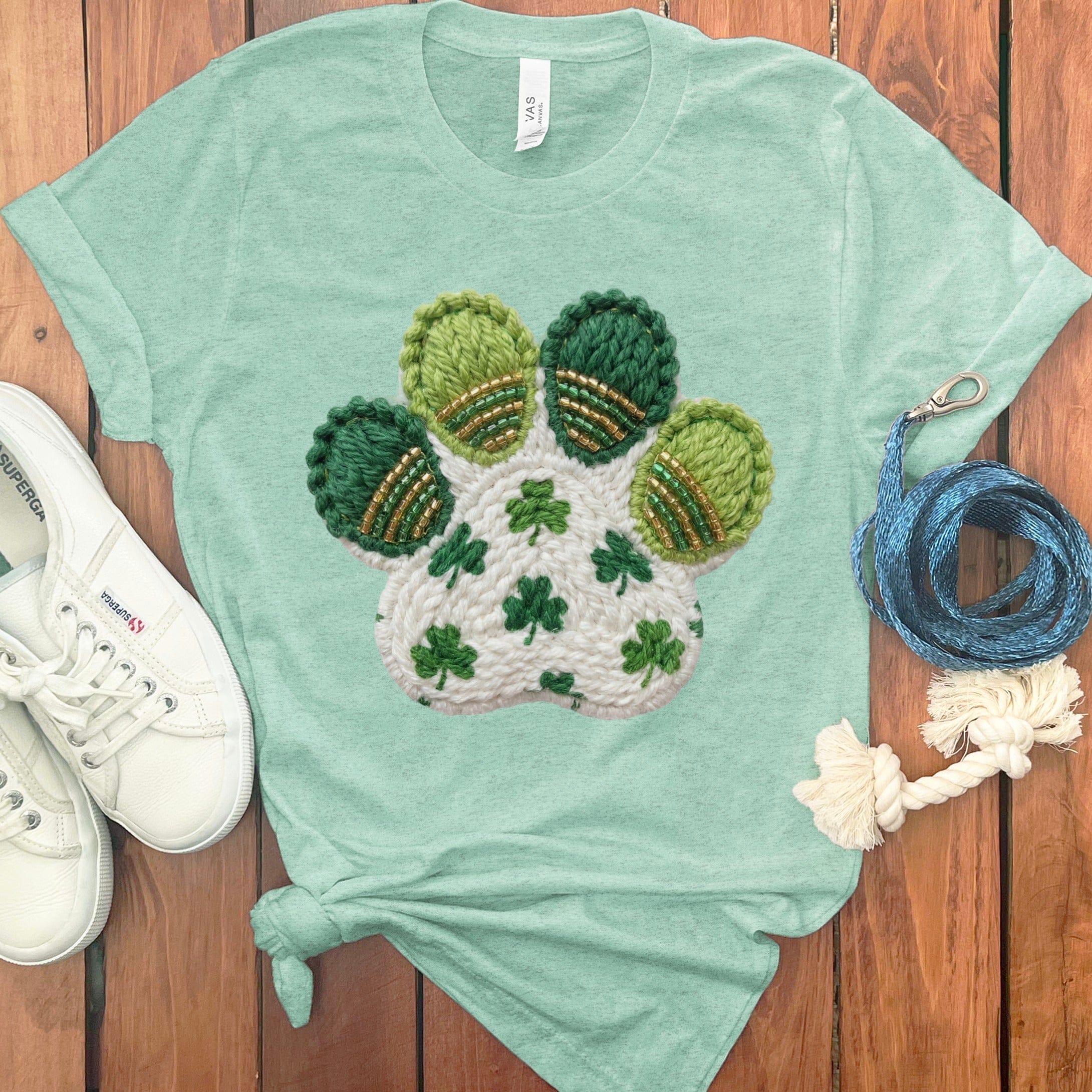 Faux Yarn Shamrock Paw T-Shirt in Heather Mint / M by Puppy Jo