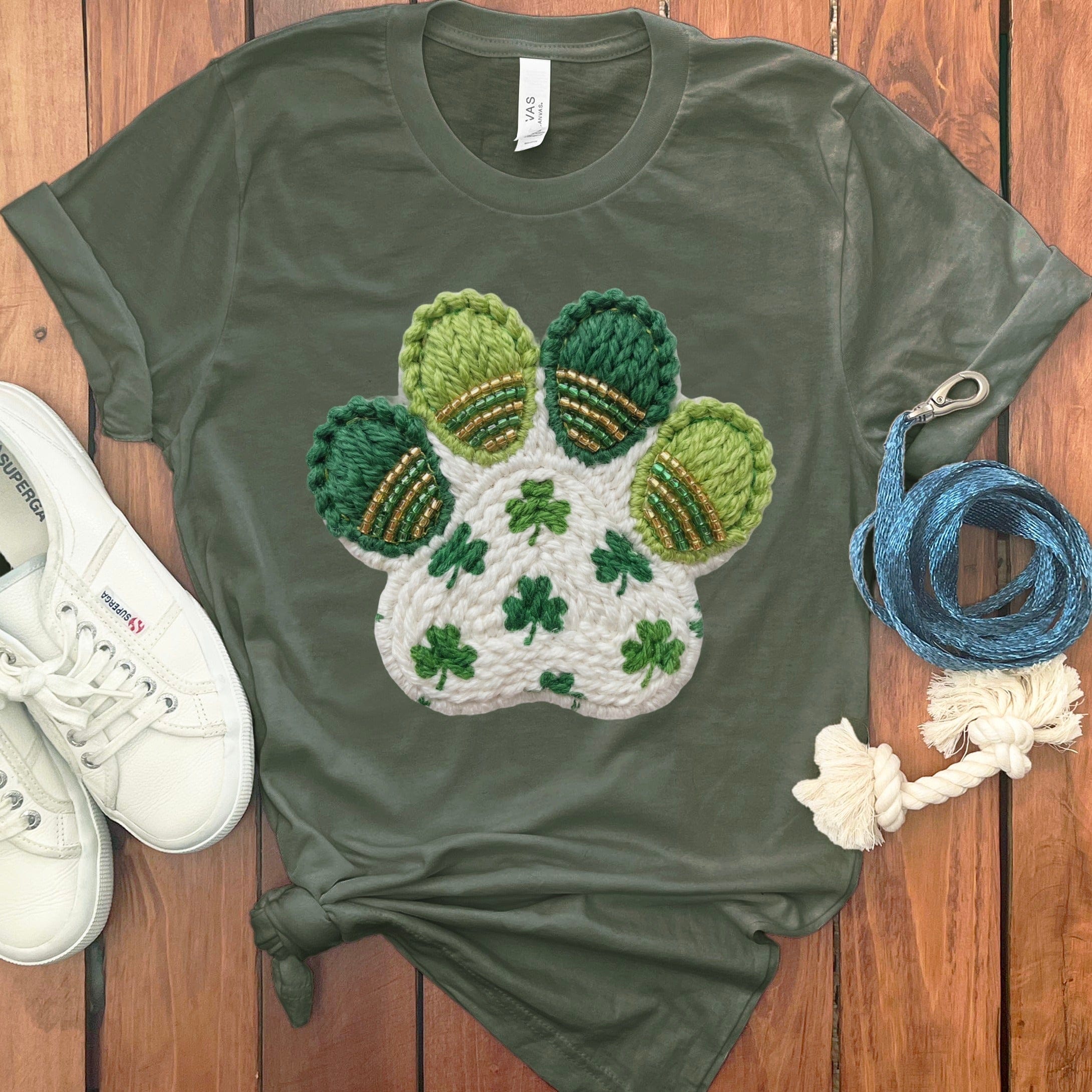 Faux Yarn Shamrock Paw T-Shirt in Military Green / M by Puppy Jo