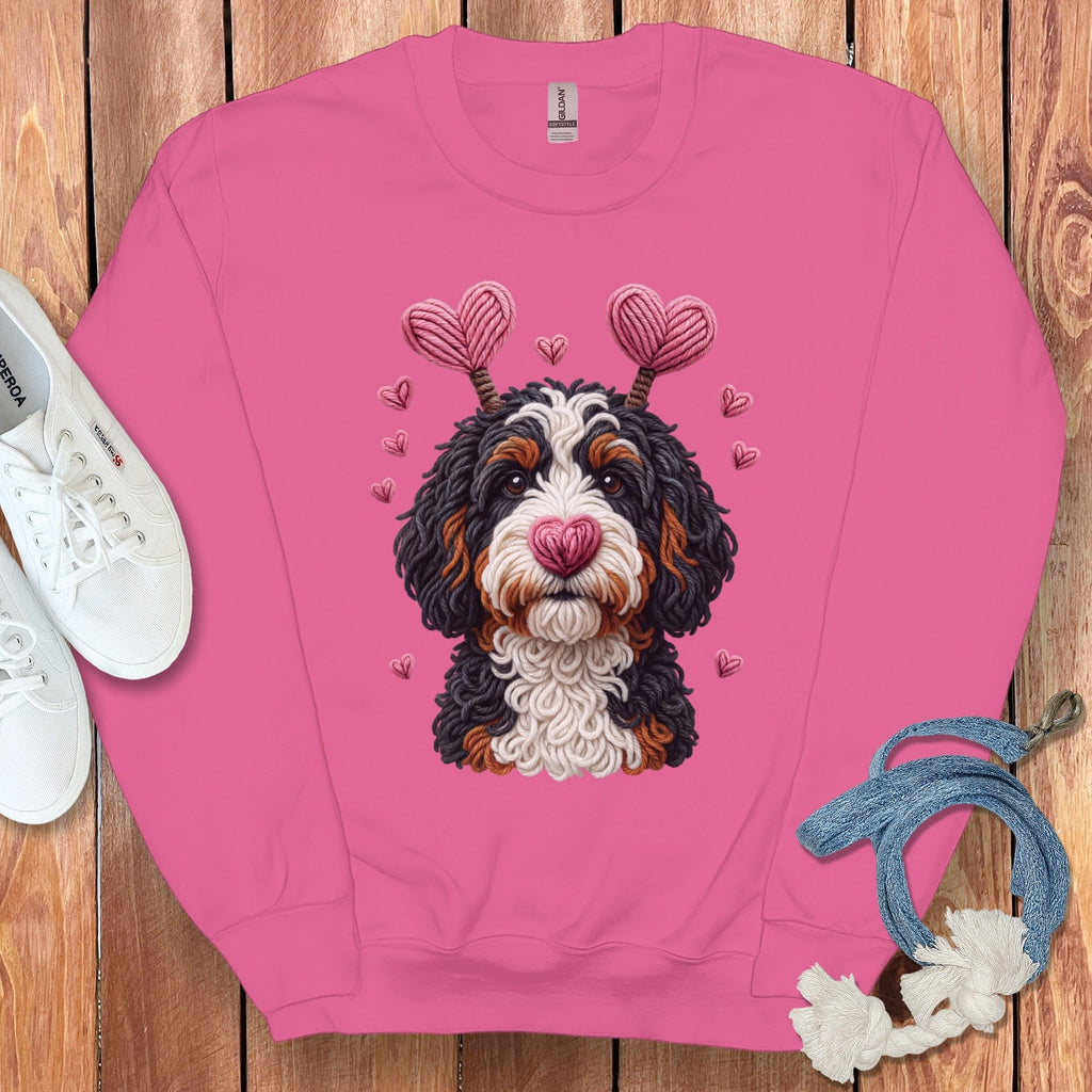 Faux Yarn Valentine Bernedoodle Sweatshirt in Heliconia / M by Puppy Jo