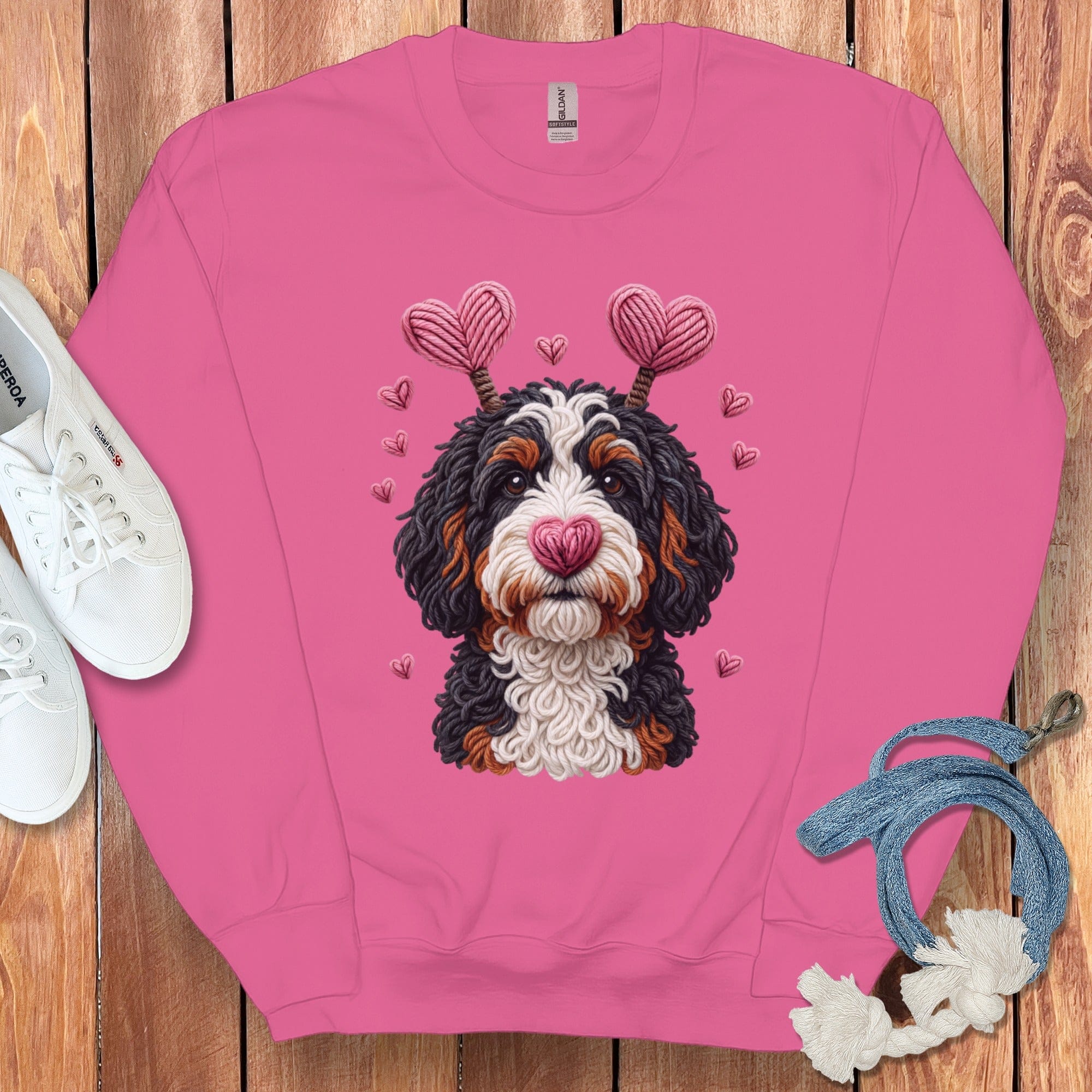 Faux Yarn Valentine Bernedoodle Sweatshirt in Heliconia / M by Puppy Jo