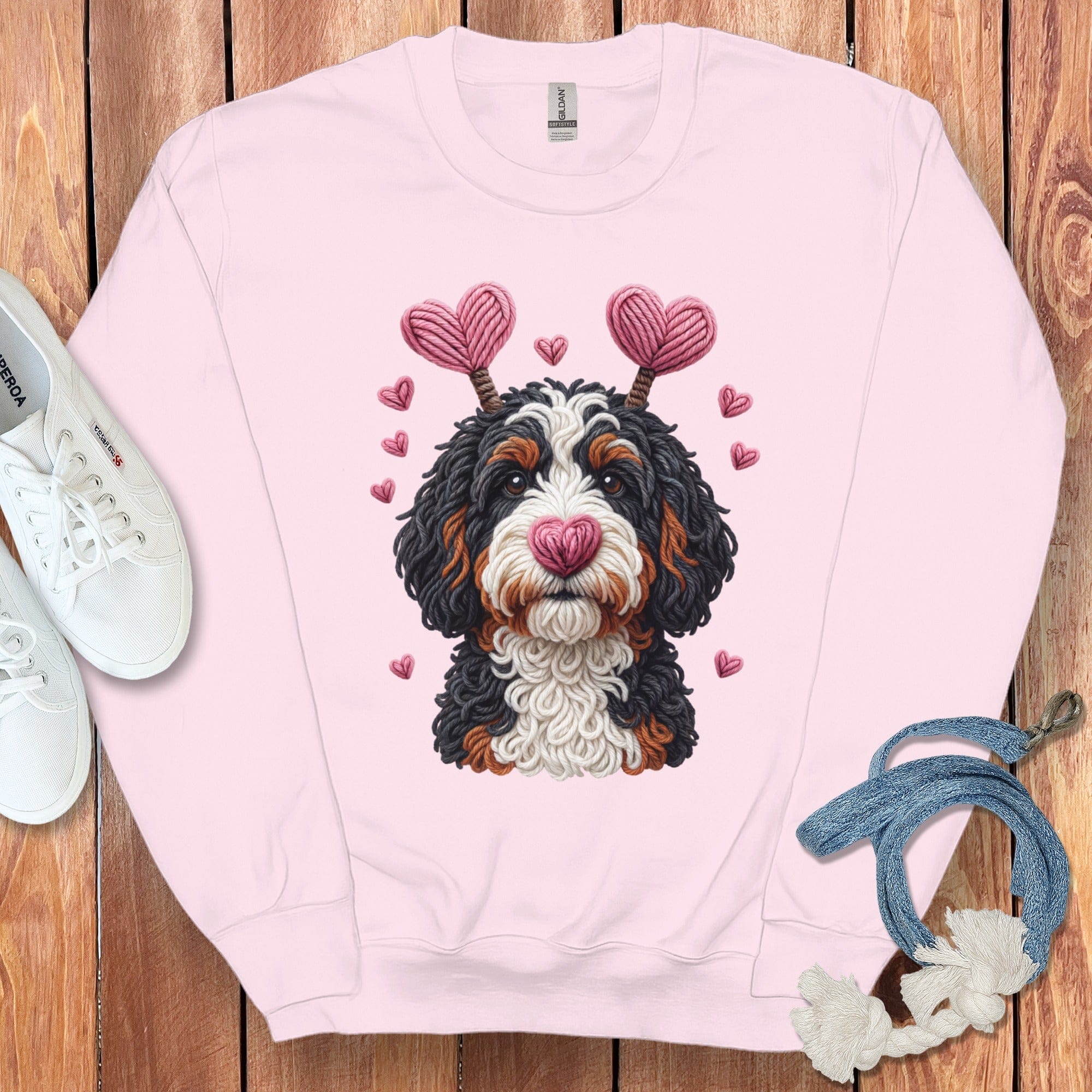 Faux Yarn Valentine Bernedoodle Sweatshirt in Light Pink / S by Puppy Jo
