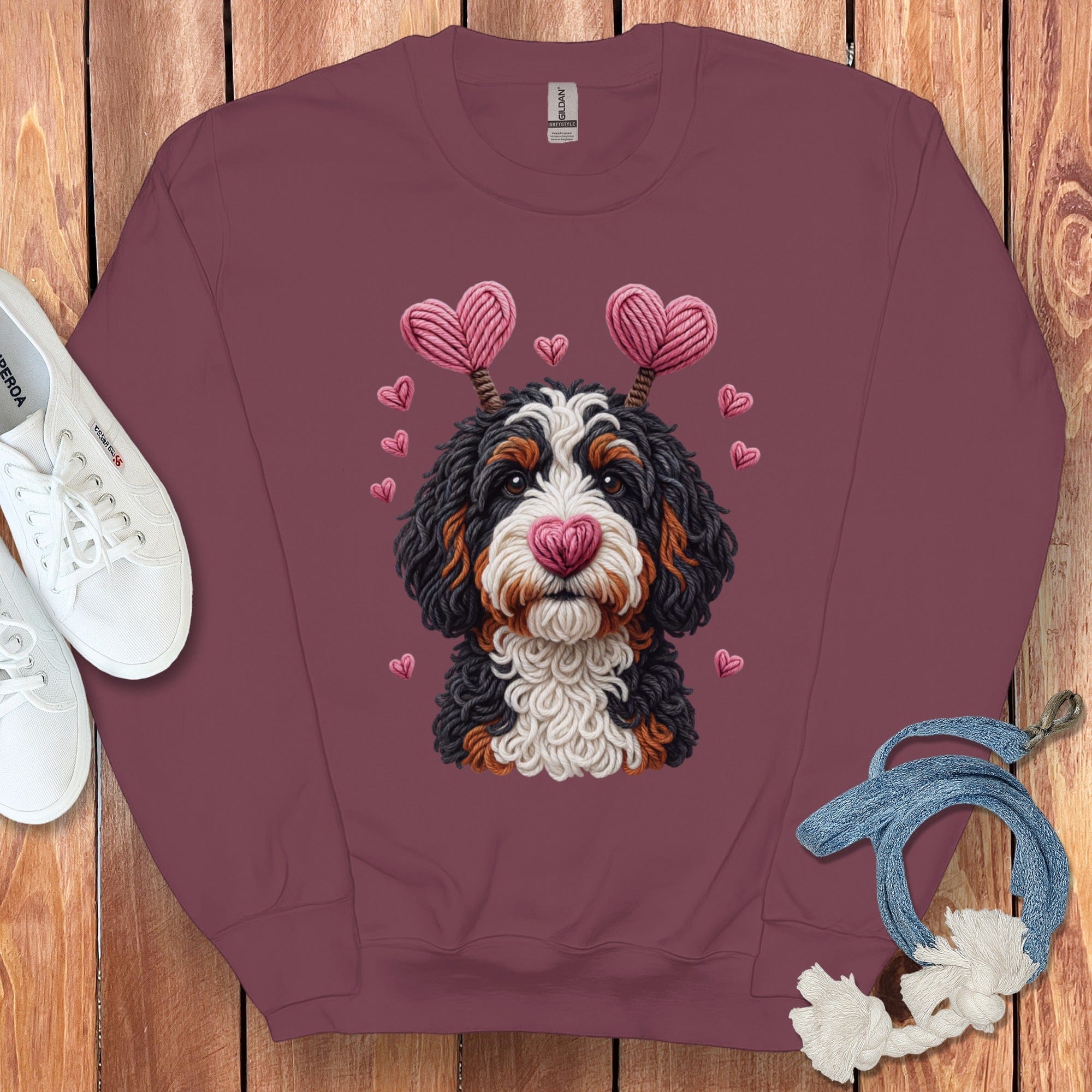 Faux Yarn Valentine Bernedoodle Sweatshirt in Maroon / S by Puppy Jo