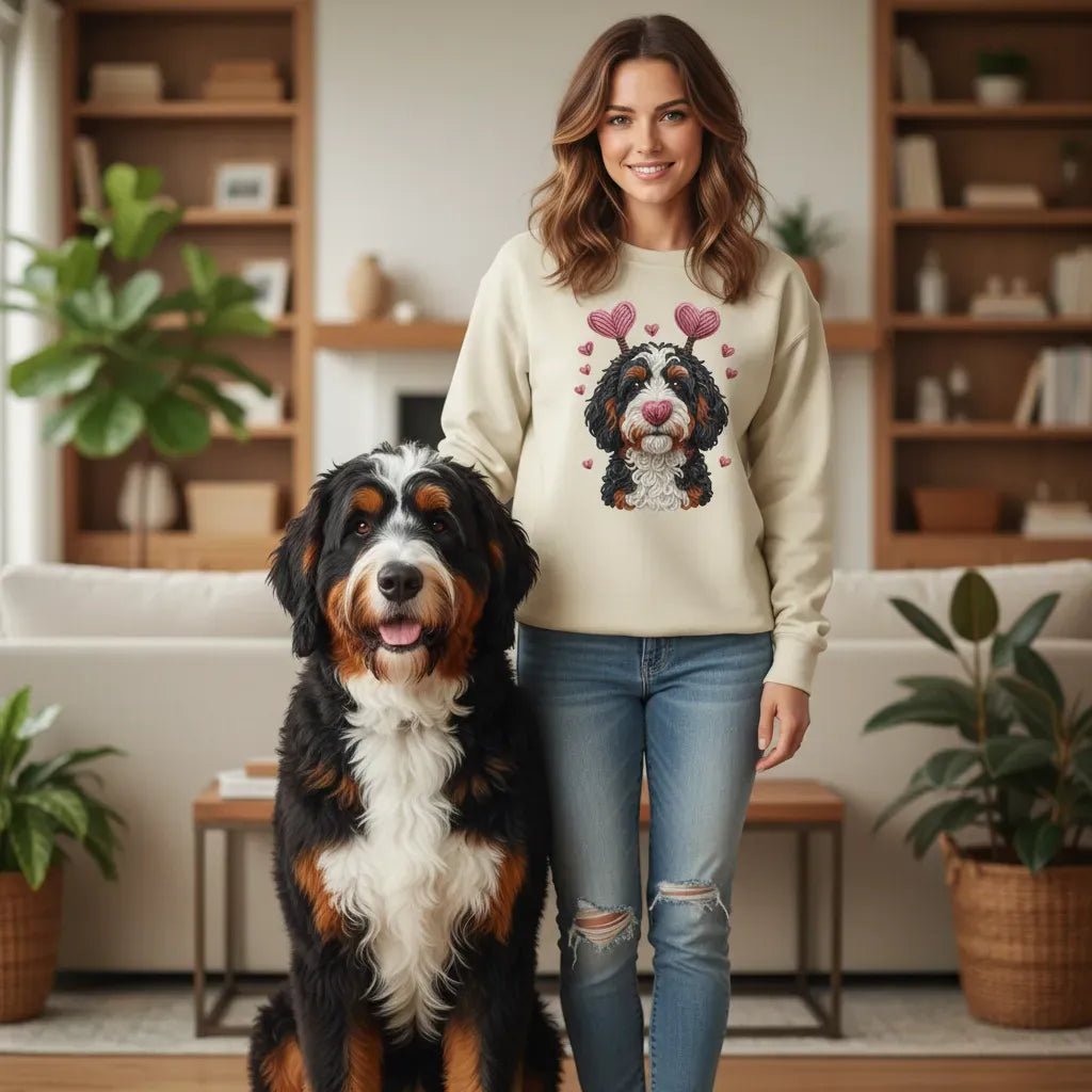 Faux Yarn Valentine Bernedoodle Sweatshirt in by Puppy Jo