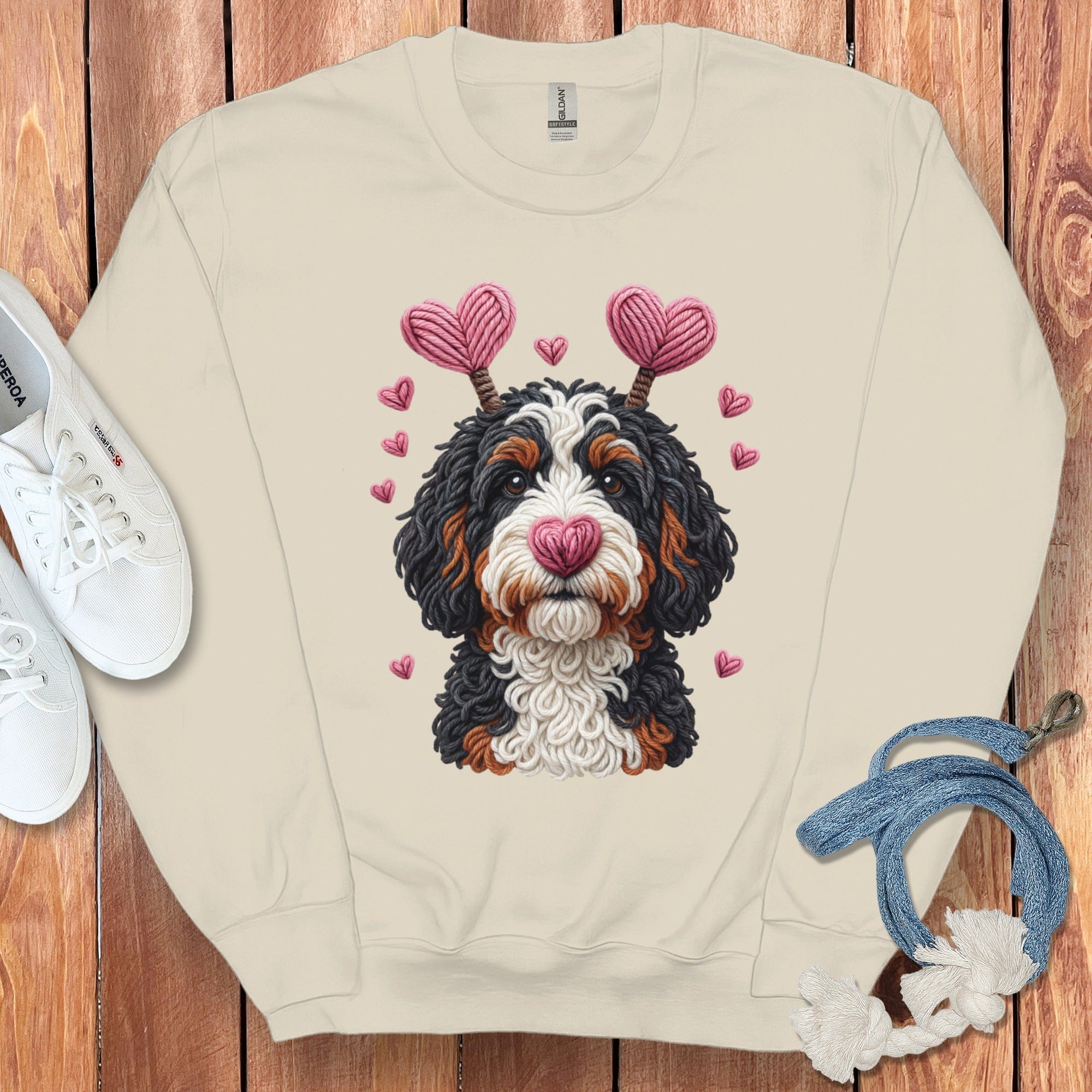 Faux Yarn Valentine Bernedoodle Sweatshirt in Sand / S by Puppy Jo