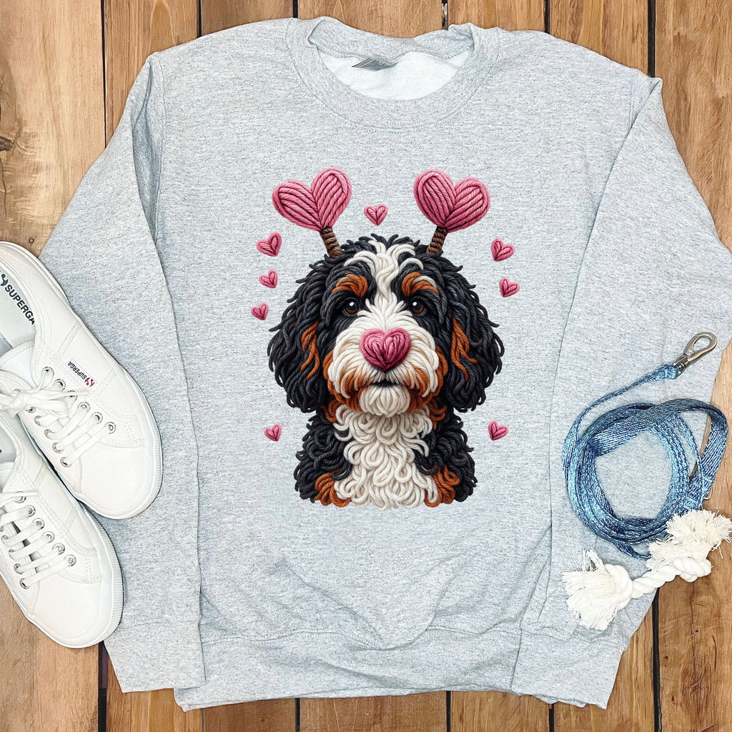 Faux Yarn Valentine Bernedoodle Sweatshirt in Sport Grey / S by Puppy Jo