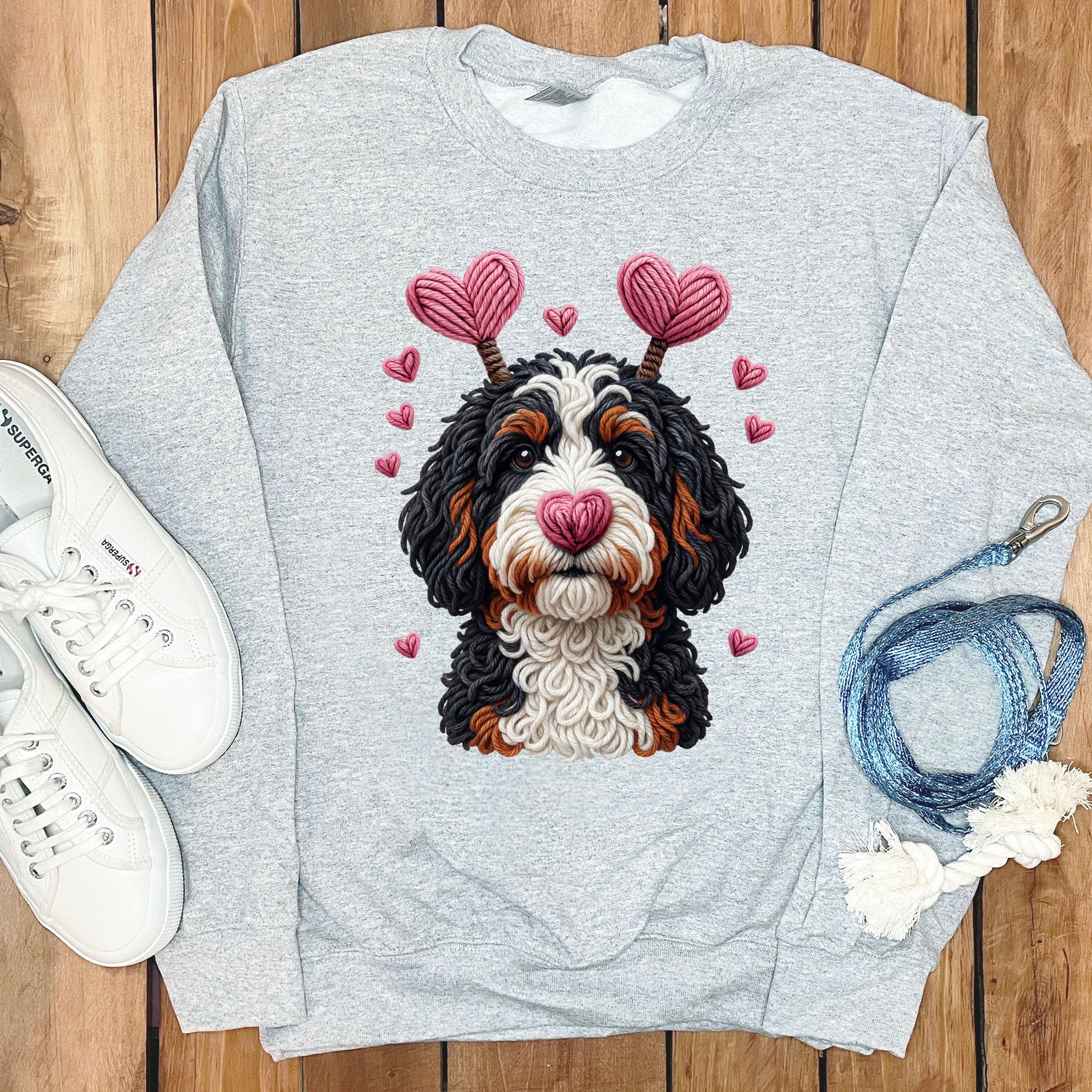 Faux Yarn Valentine Bernedoodle Sweatshirt in Sport Grey / S by Puppy Jo