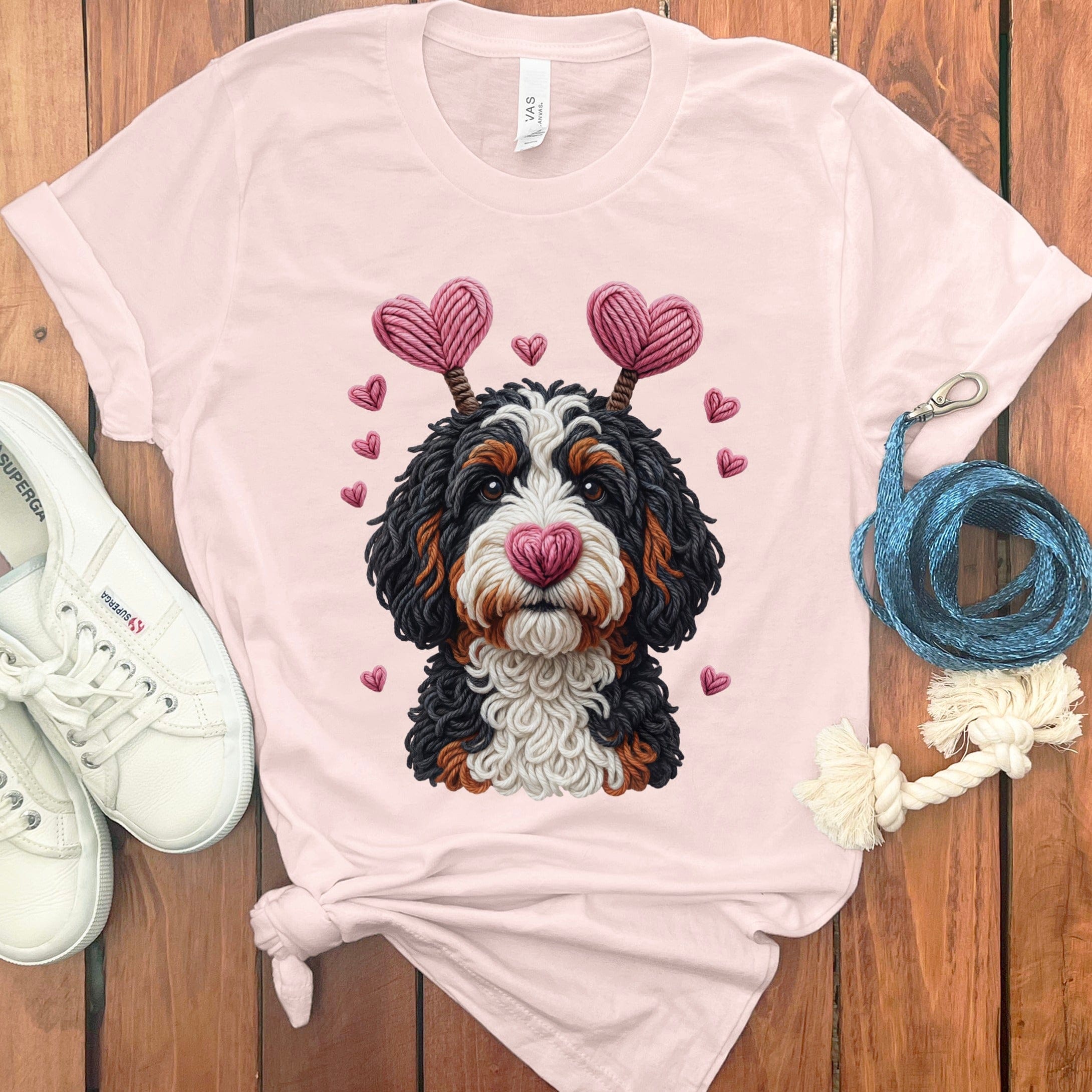 Faux Yarn Valentine Bernedoodle T-Shirt in Soft Pink / S by Puppy Jo