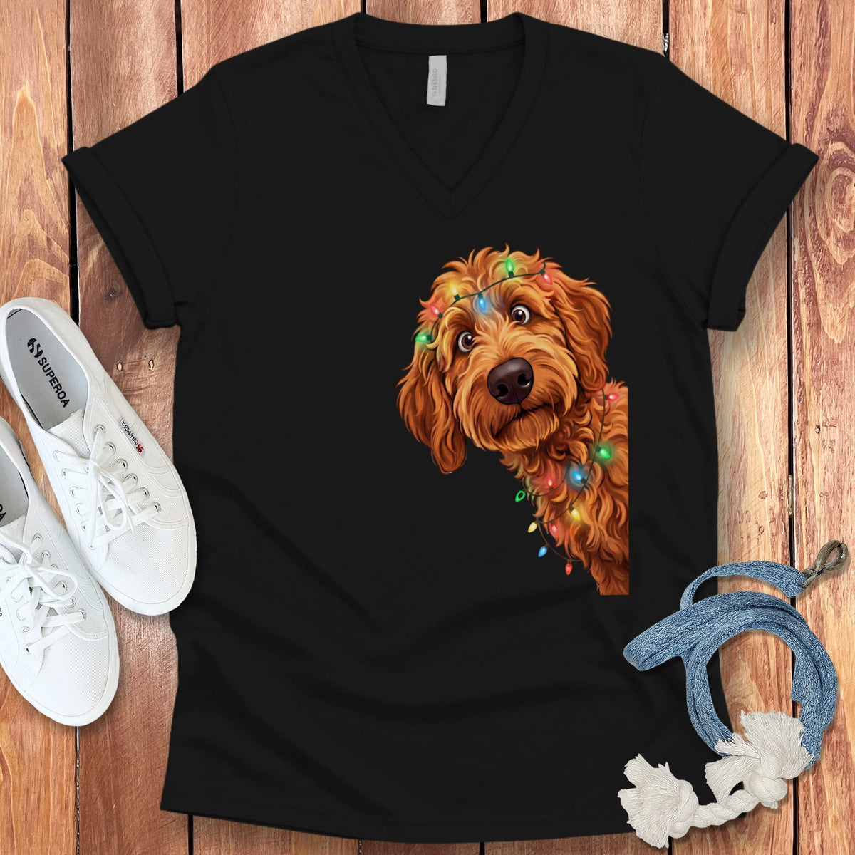 Peeking Apricot Goldendoodle Holiday V-Neck T-Shirt in Black / S by Puppy Jo
