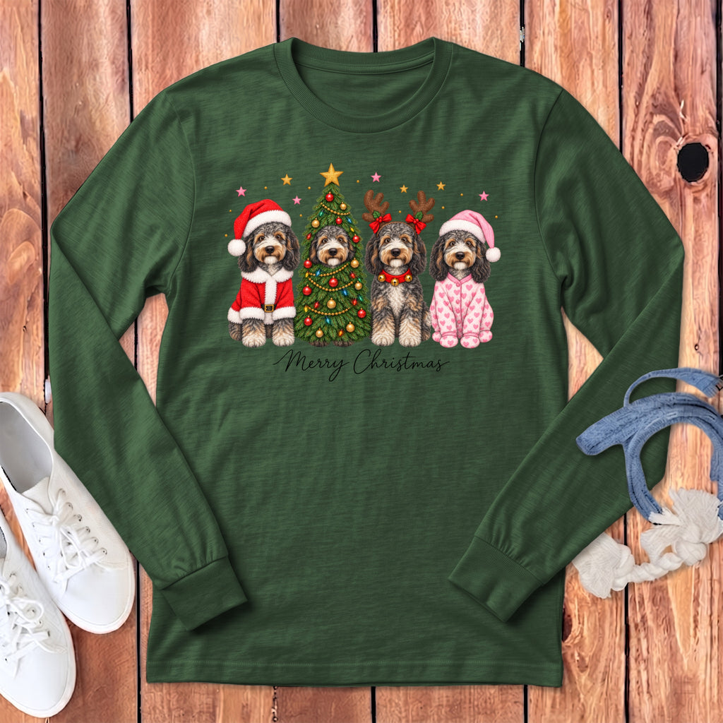 Dark green long-sleeve t-shirt with a Christmas graphic of four dogs in festive attire and Merry Christmas text.
