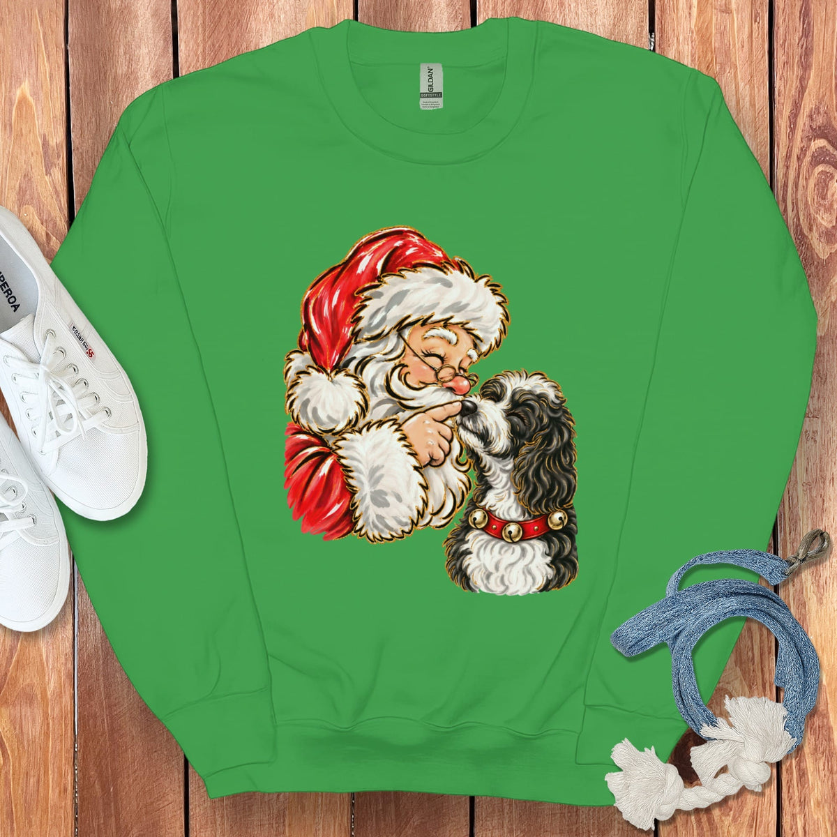 Sheepadoodle Santa Kiss Sweatshirt in Irish Green / S by Puppy Jo