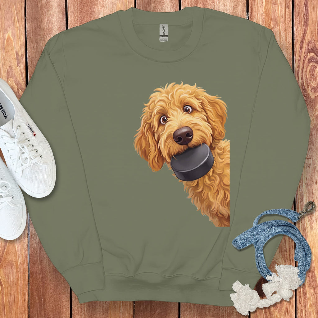 Golden Goldendoodle Hockey Puck Sweatshirt in Military Green / S by Puppy Jo