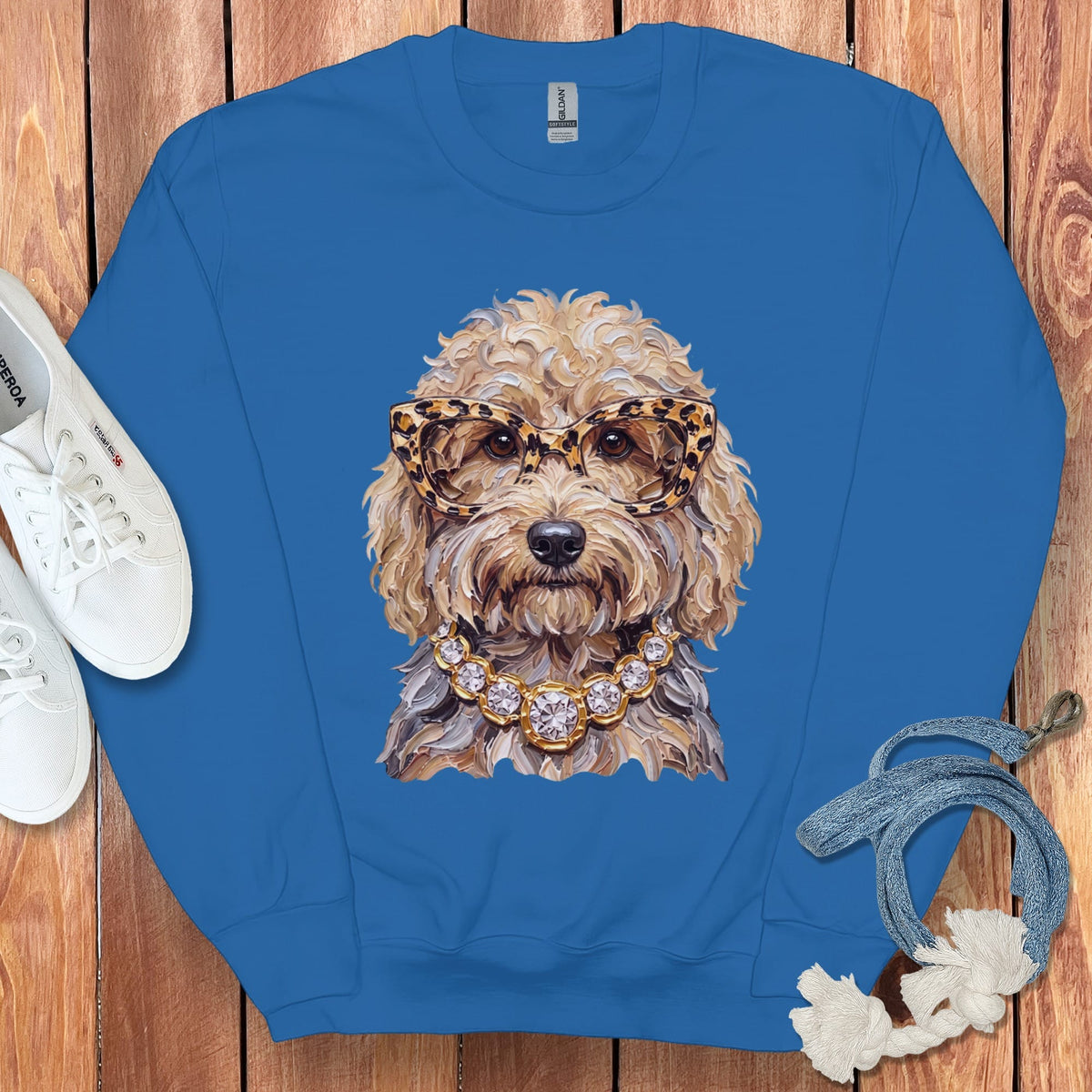 Cream Goldendoodle Glam Sweatshirt in Royal / S by Puppy Jo