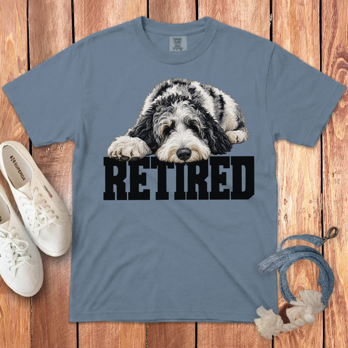 Retired Sleeping Merle Goldendoodle Signature T-Shirt in Blue Jean / S by Puppy Jo