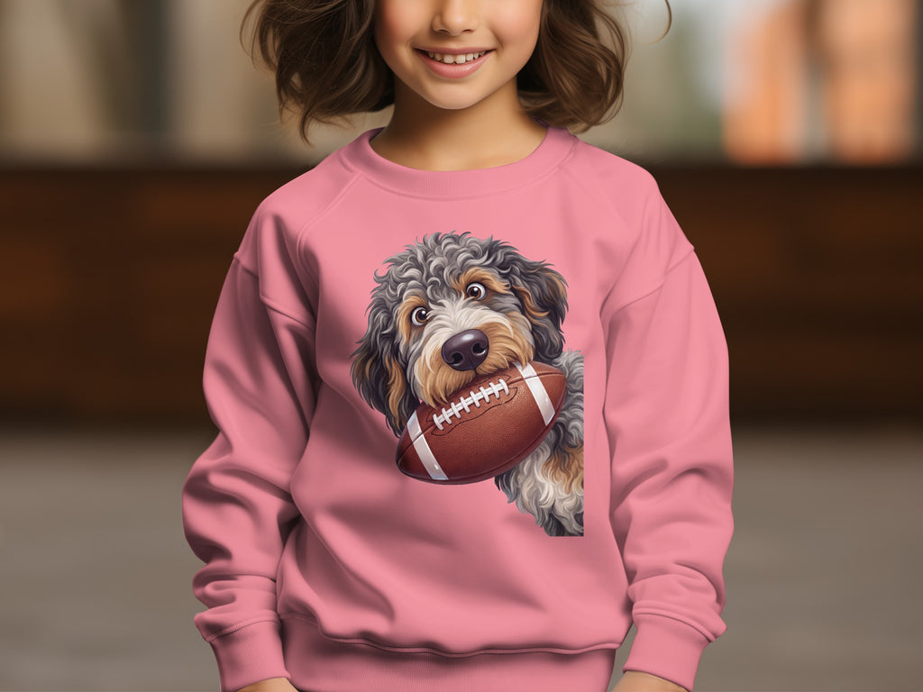 Pink sweatshirt featuring a cartoon dog holding a football.