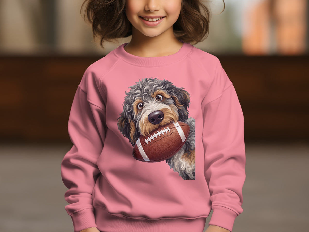 Pink sweatshirt featuring a cartoon dog holding a football.