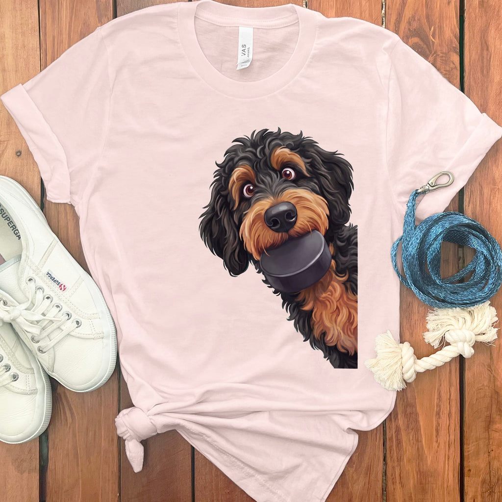 Phantom Goldendoodle Hockey Puck T-Shirt in Soft Pink / S by Puppy Jo