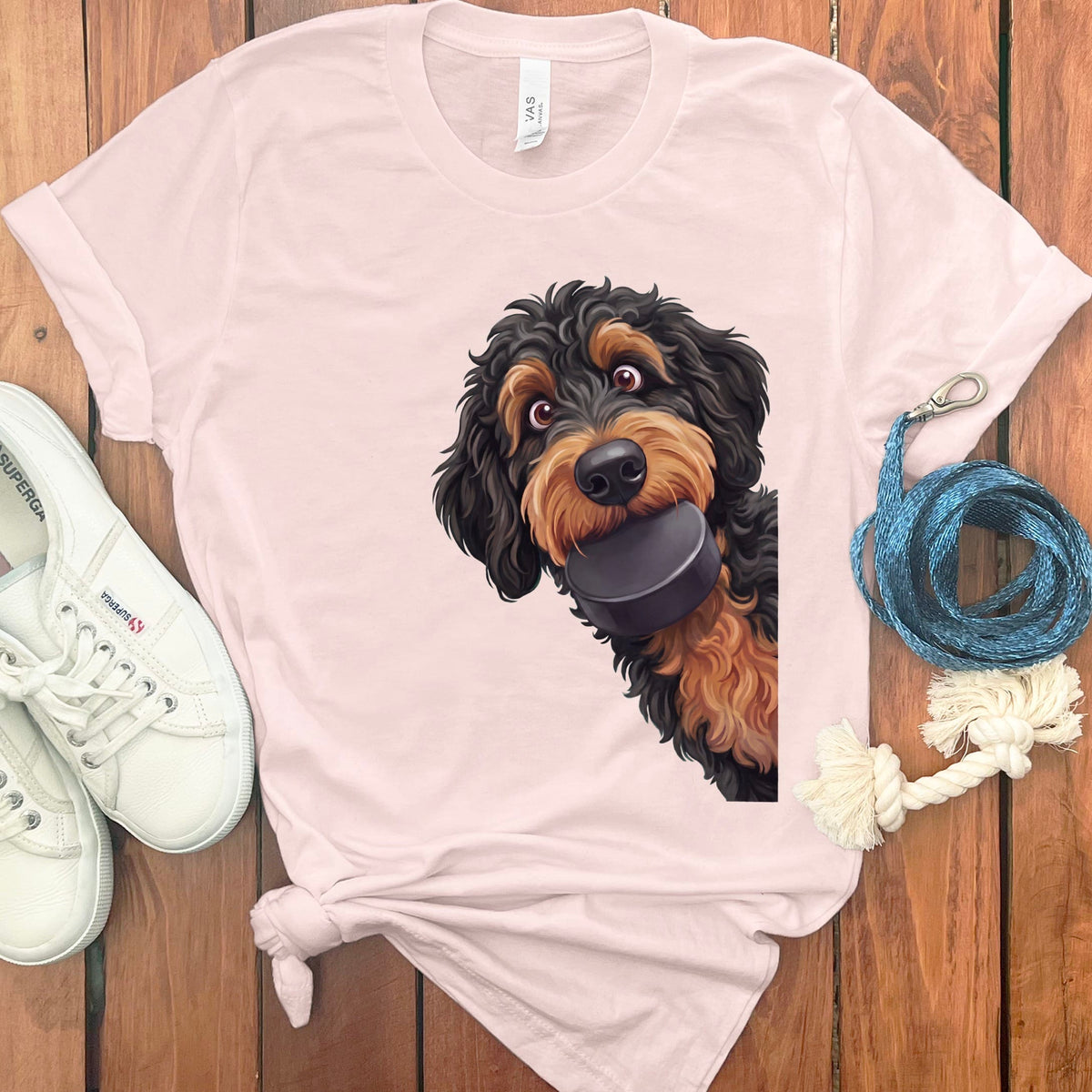 Phantom Goldendoodle Hockey Puck T-Shirt in Soft Pink / S by Puppy Jo