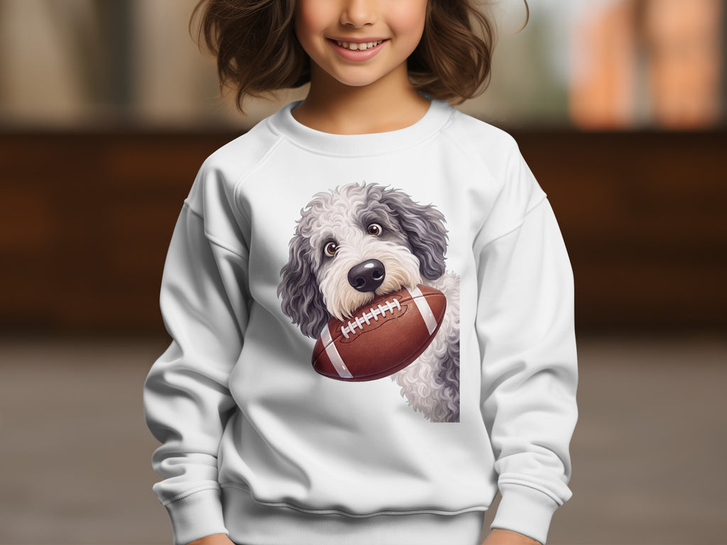 White sweatshirt with a doodle dog holding a football graphic.