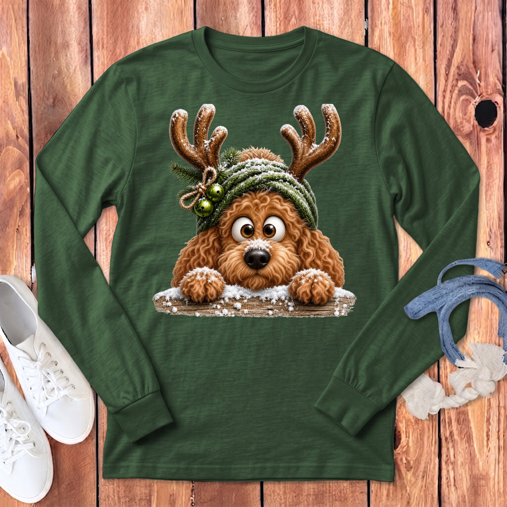 Green long-sleeve shirt with cartoon dog wearing reindeer antlers and a beanie.