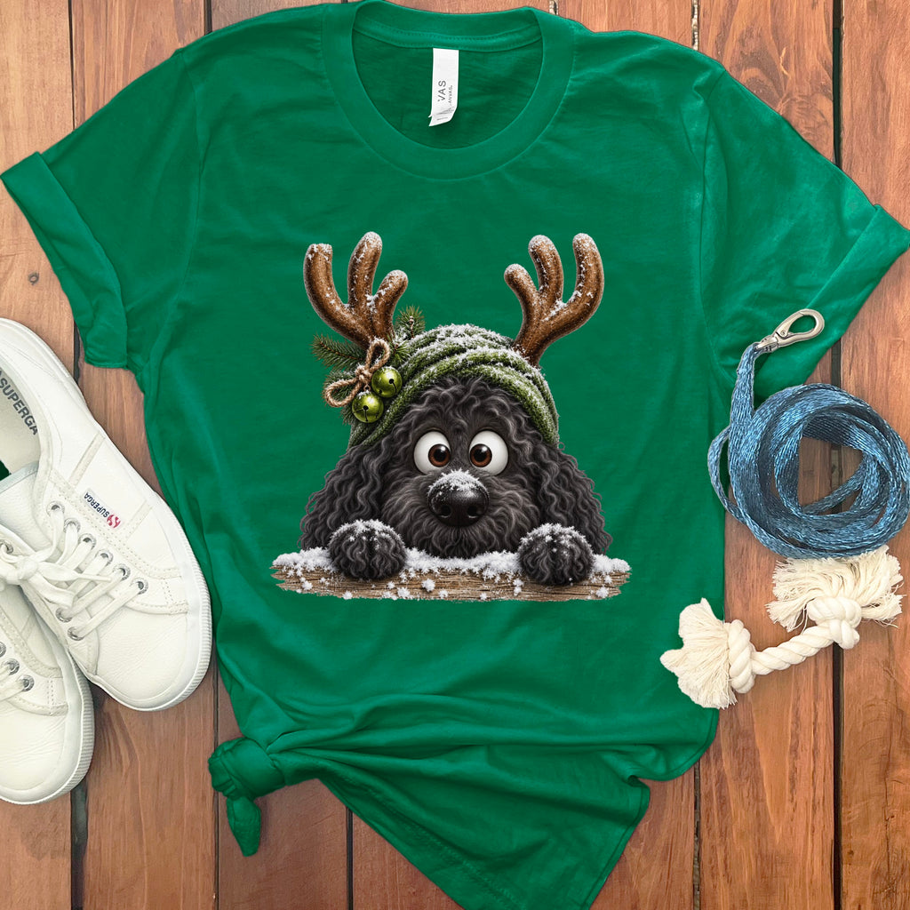 Green t-shirt with a black poodle wearing a Christmas hat and reindeer antlers.