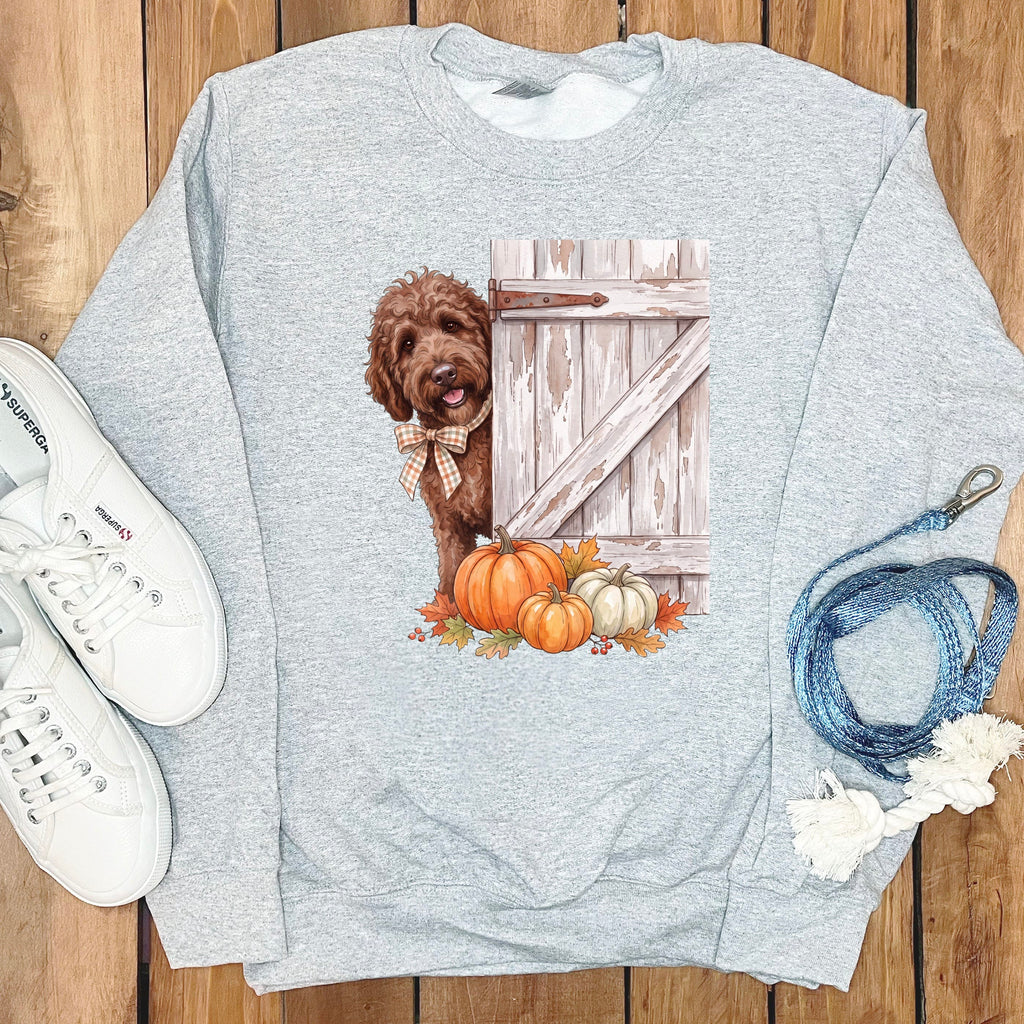 Chocolate Goldendoodle Barn Peeking Sweatshirt in Sport Grey / S by Puppy Jo