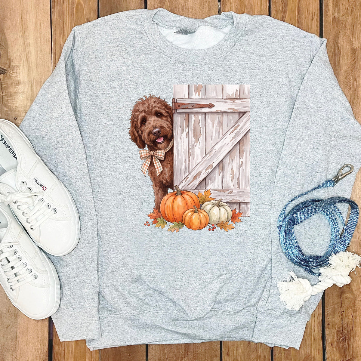 Chocolate Goldendoodle Barn Peeking Sweatshirt in Sport Grey / S by Puppy Jo