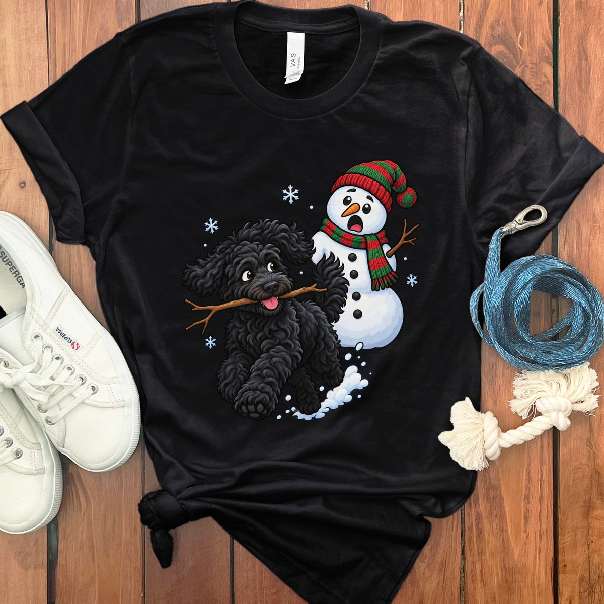 Black Goldendoodle Snowman T-Shirt in Black / S by Puppy Jo