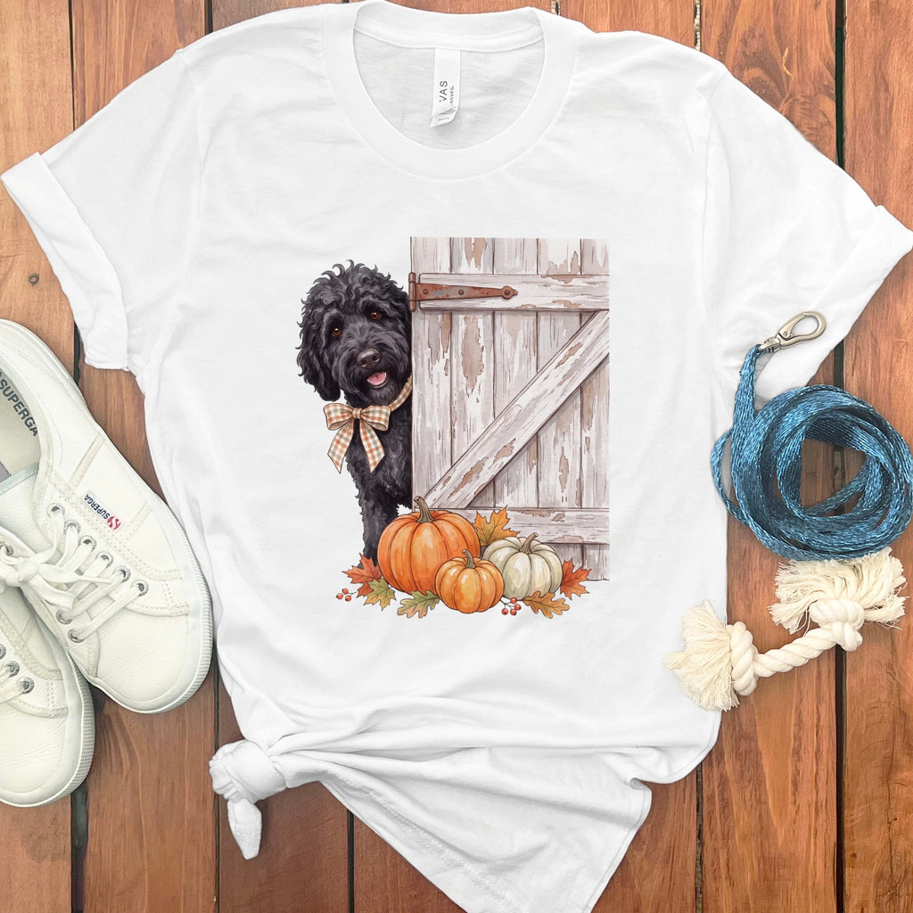 Black Goldendoodle Barn Peeking T-Shirt in White / S by Puppy Jo