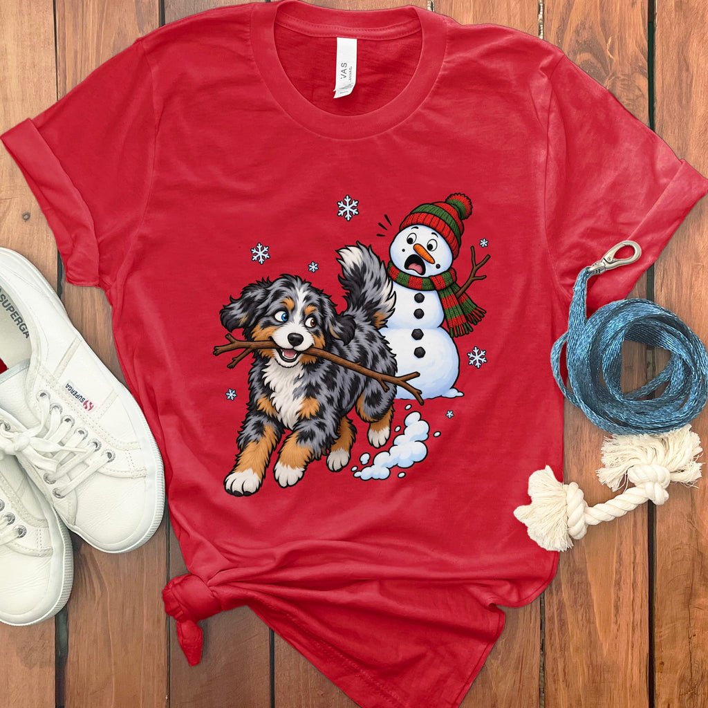 Aussiedoodle Snowman T-Shirt in Red / S by Puppy Jo