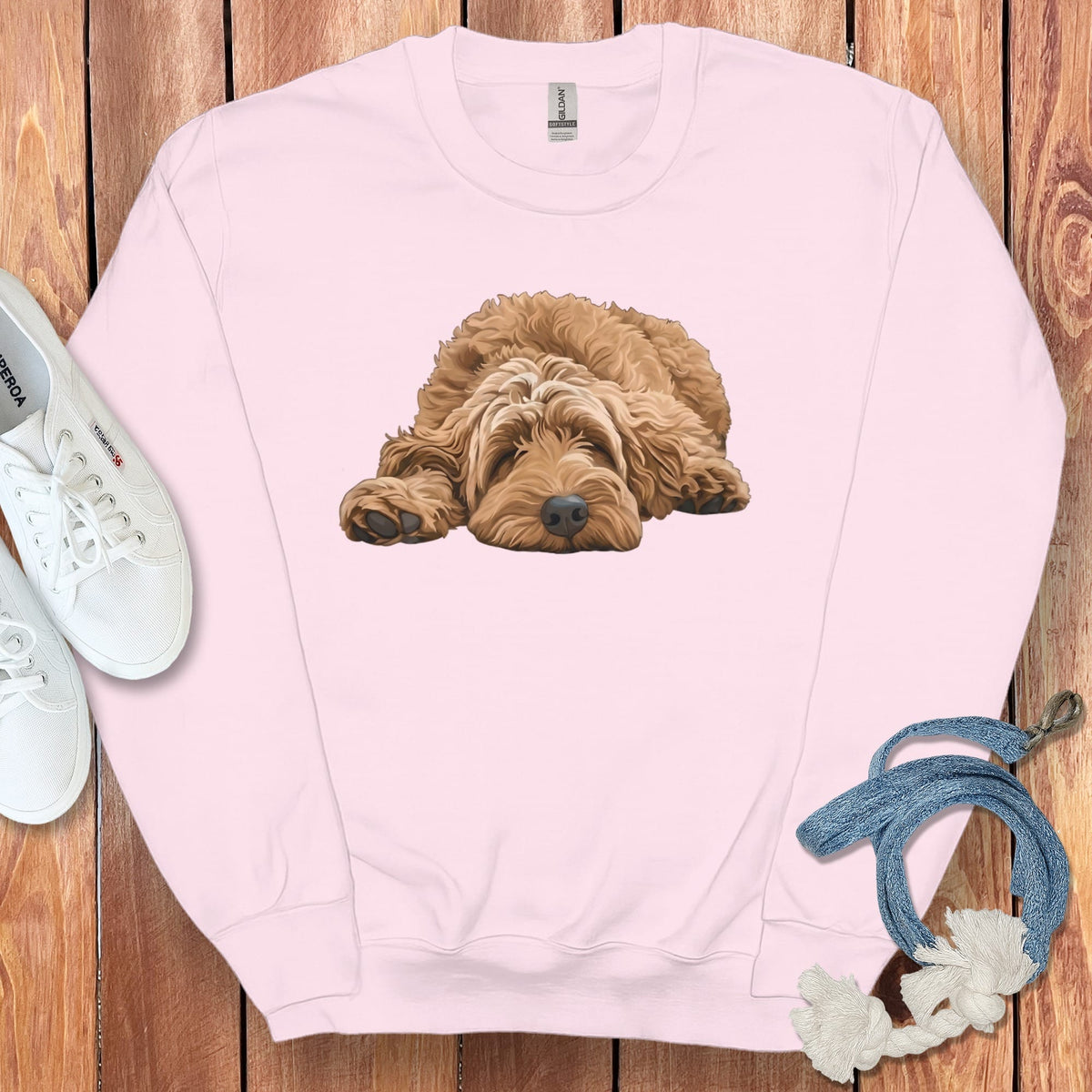 Apricot Goldendoodle Snoozing Sweatshirt in Light Pink / S by Puppy Jo