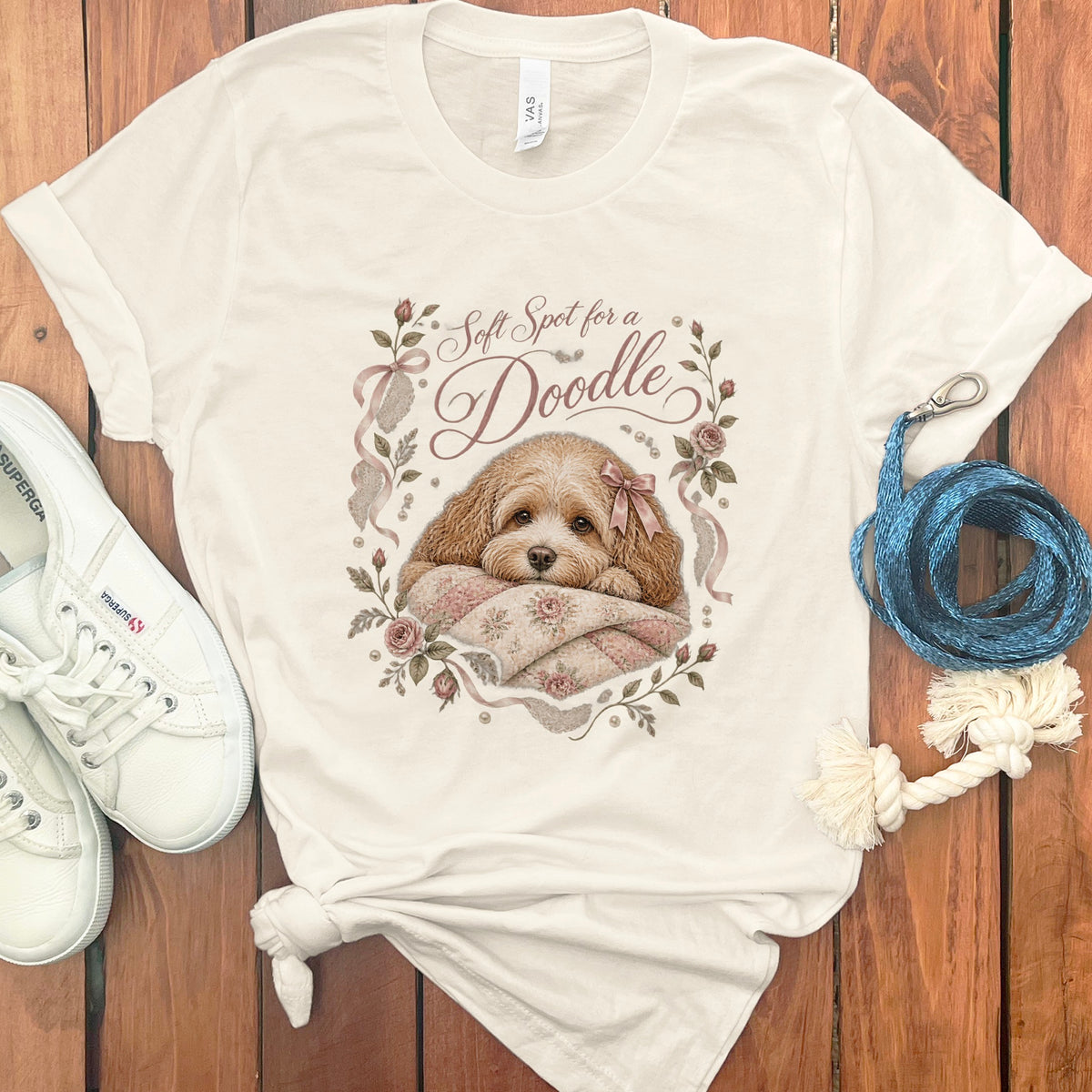 Cream t-shirt with "Soft Spot for a Doodle" graphic of a doodle puppy.