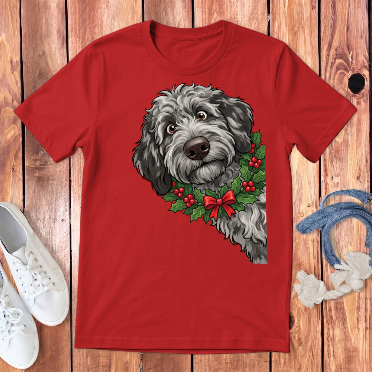 Red t-shirt with illustration of a gray dog wearing a holly wreath and red bow.