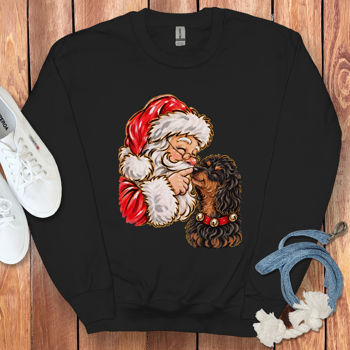 Phantom Goldendoodle Santa Kiss Sweatshirt in Black / S by Puppy Jo