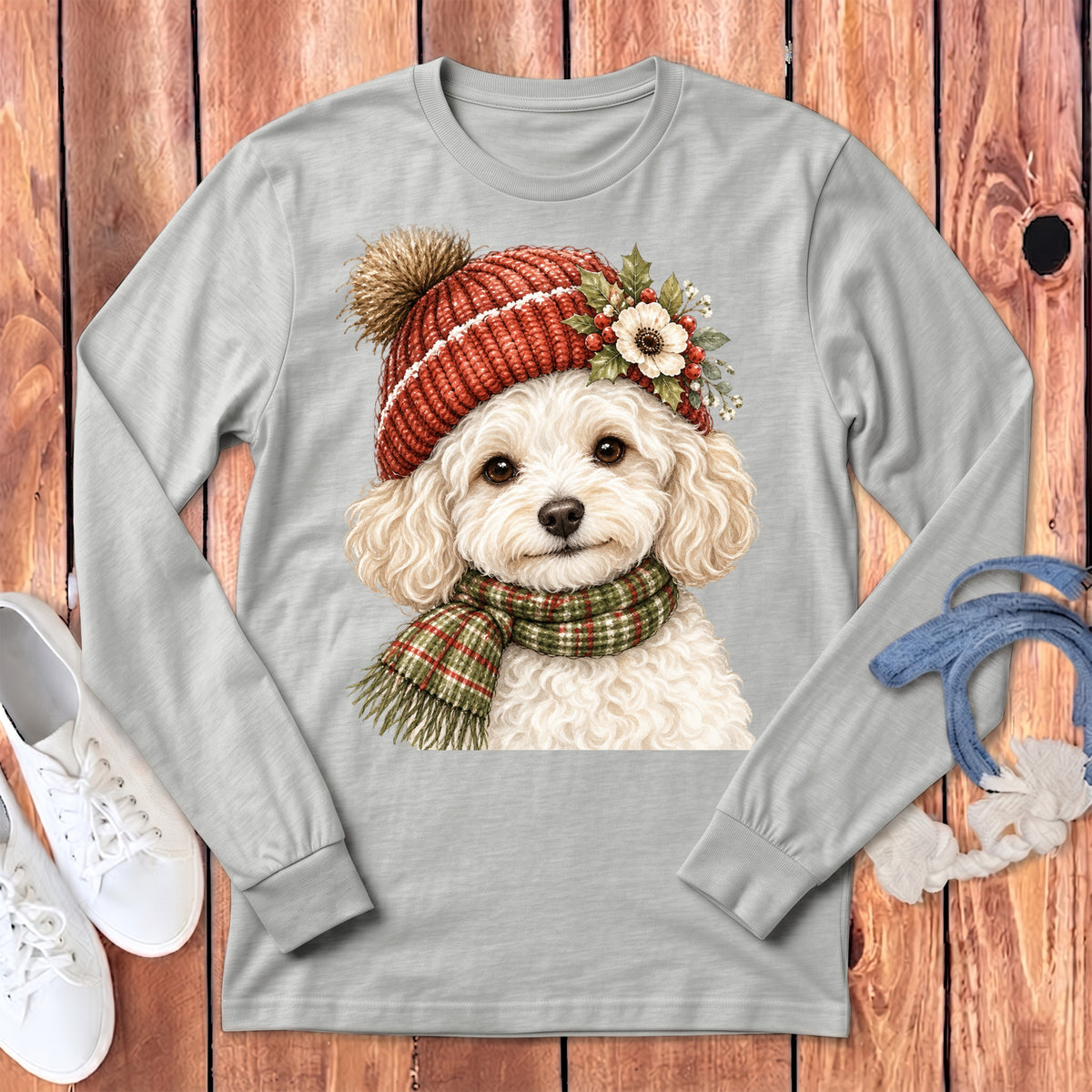 Light gray long-sleeve shirt with watercolor poodle wearing a red knitted hat and scarf.