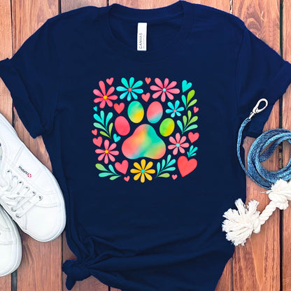 Colorful Floral Paw Print Design on Blue T-Shirt product