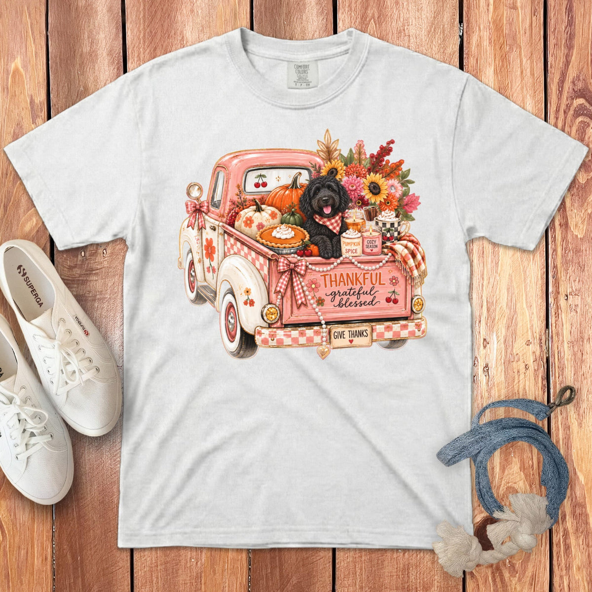 Black Goldendoodle Fall Truck Signature T-Shirt in White / S by Puppy Jo