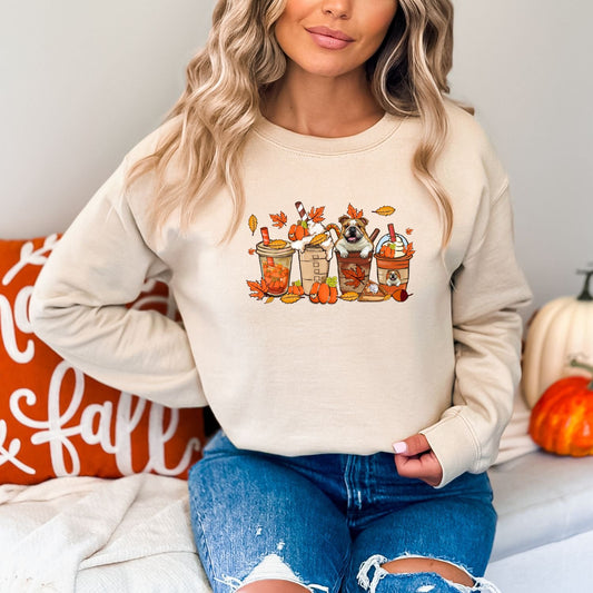 Fall English Bulldogs and Coffee Sweatshirt - PuppyJo Sweatshirt