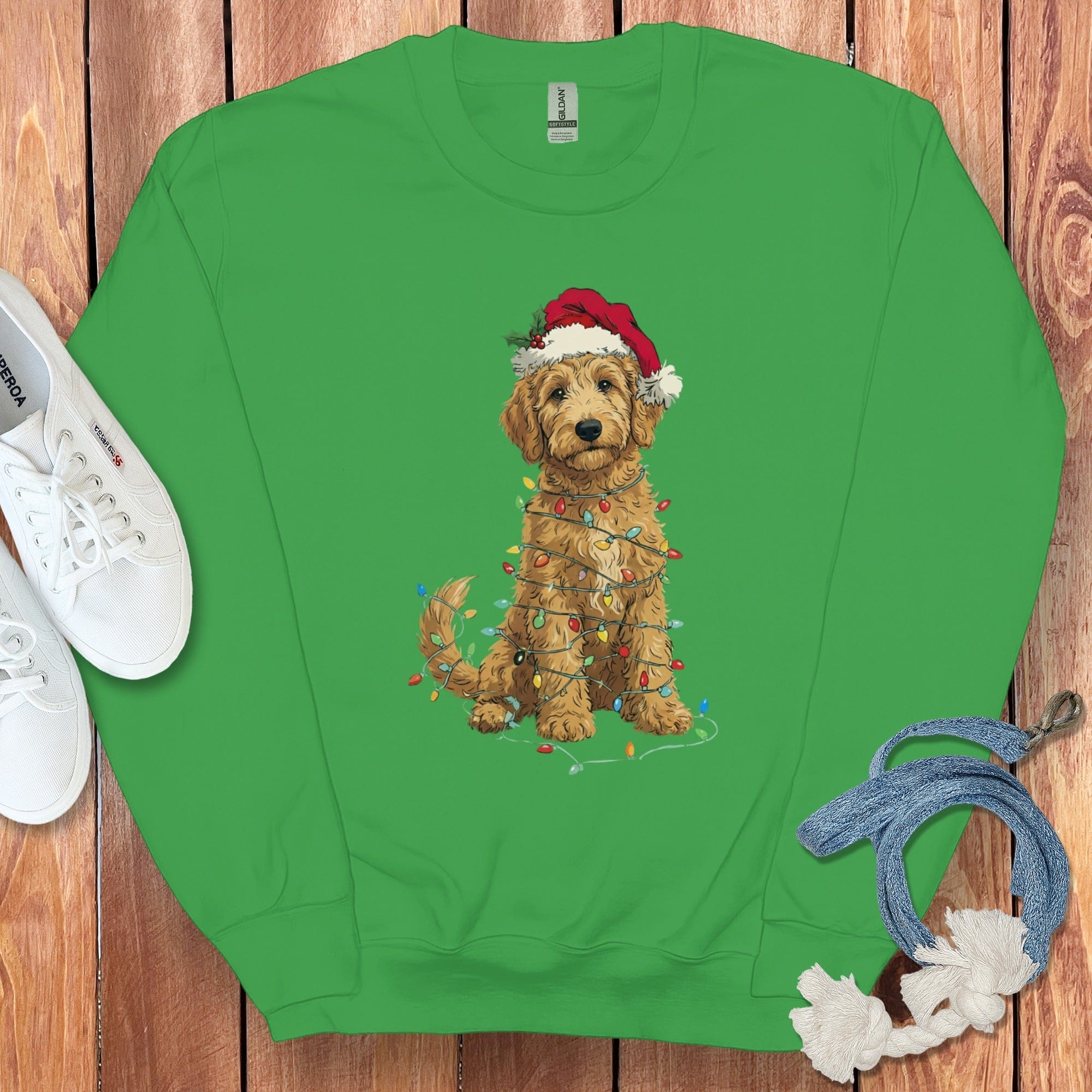 Festive Holiday Dog Wrapped in Christmas Lights Sweatshirt