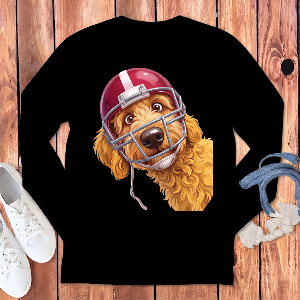Golden retriever dog wearing a red football helmet, close up.