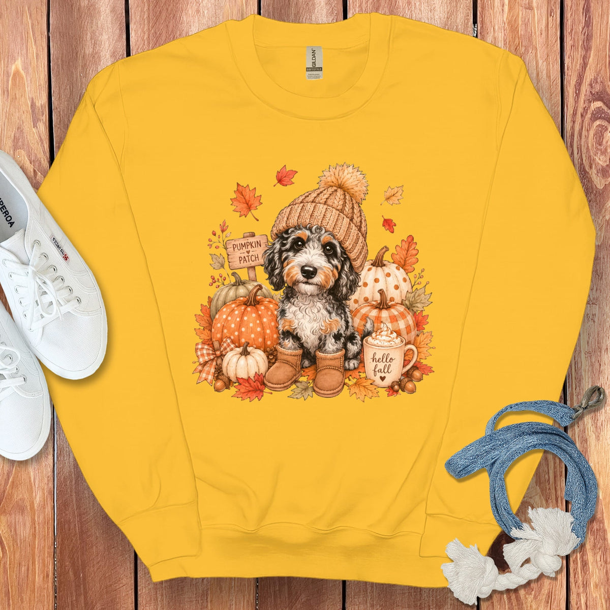 Aussiedoodle Pumpkin Patch Sweatshirt in Gold / S by Puppy Jo