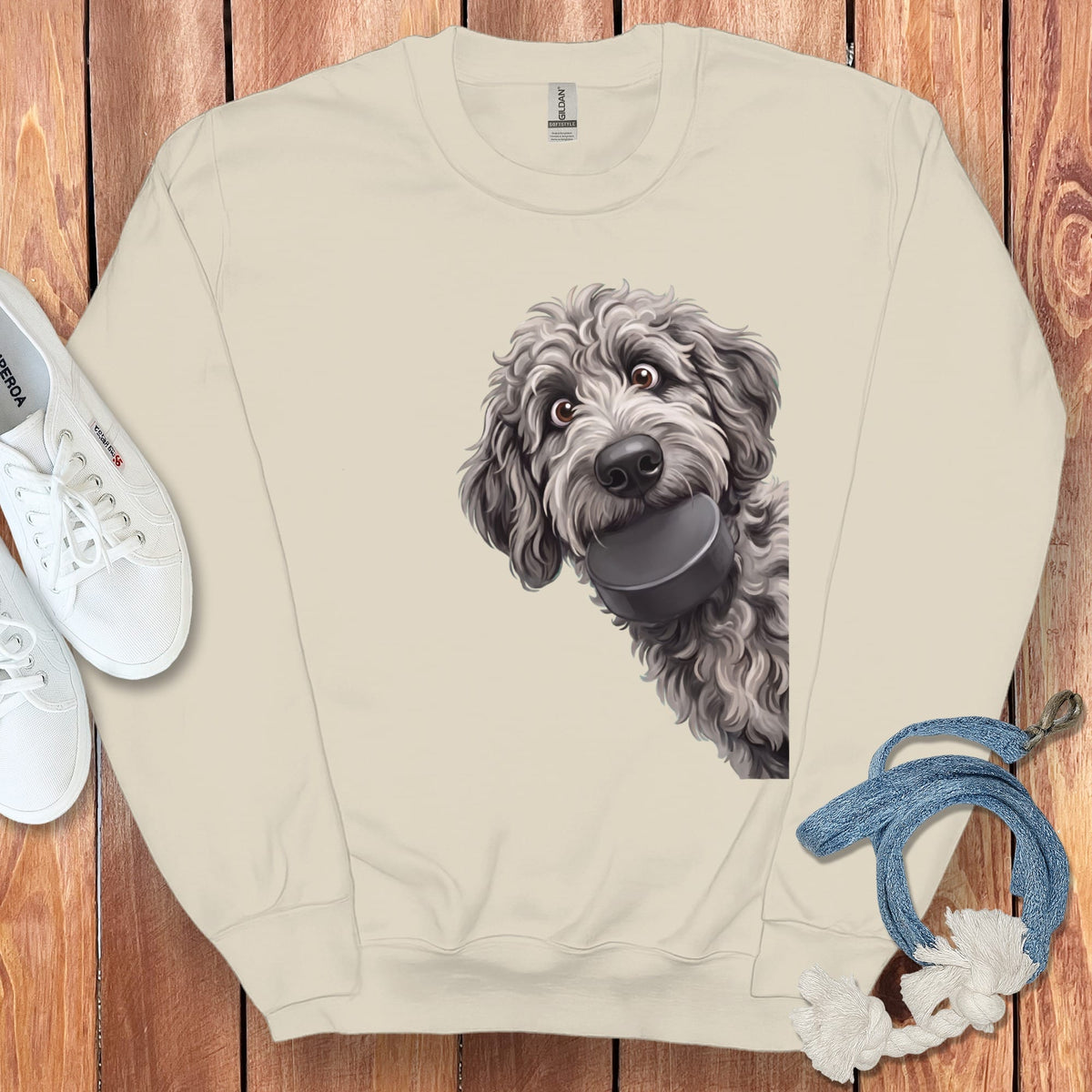 Merle Goldendoodle Hockey Puck Sweatshirt in Sand / S by Puppy Jo
