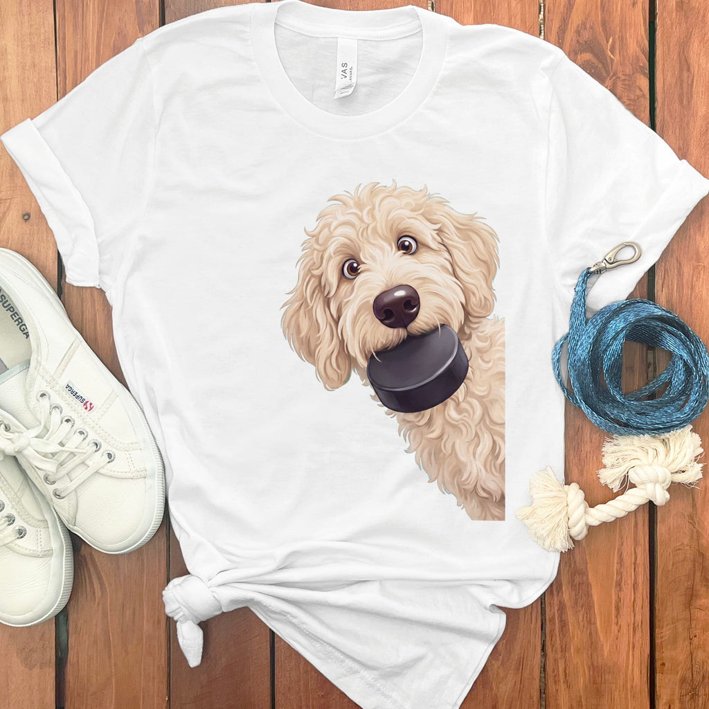 Cream Goldendoodle Hockey Puck T-Shirt in White / S by Puppy Jo