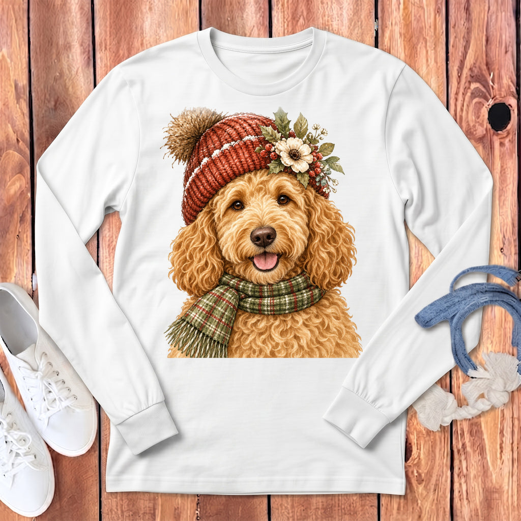 White long sleeve shirt with a Christmas-themed doodle dog graphic wearing a hat and scarf.
